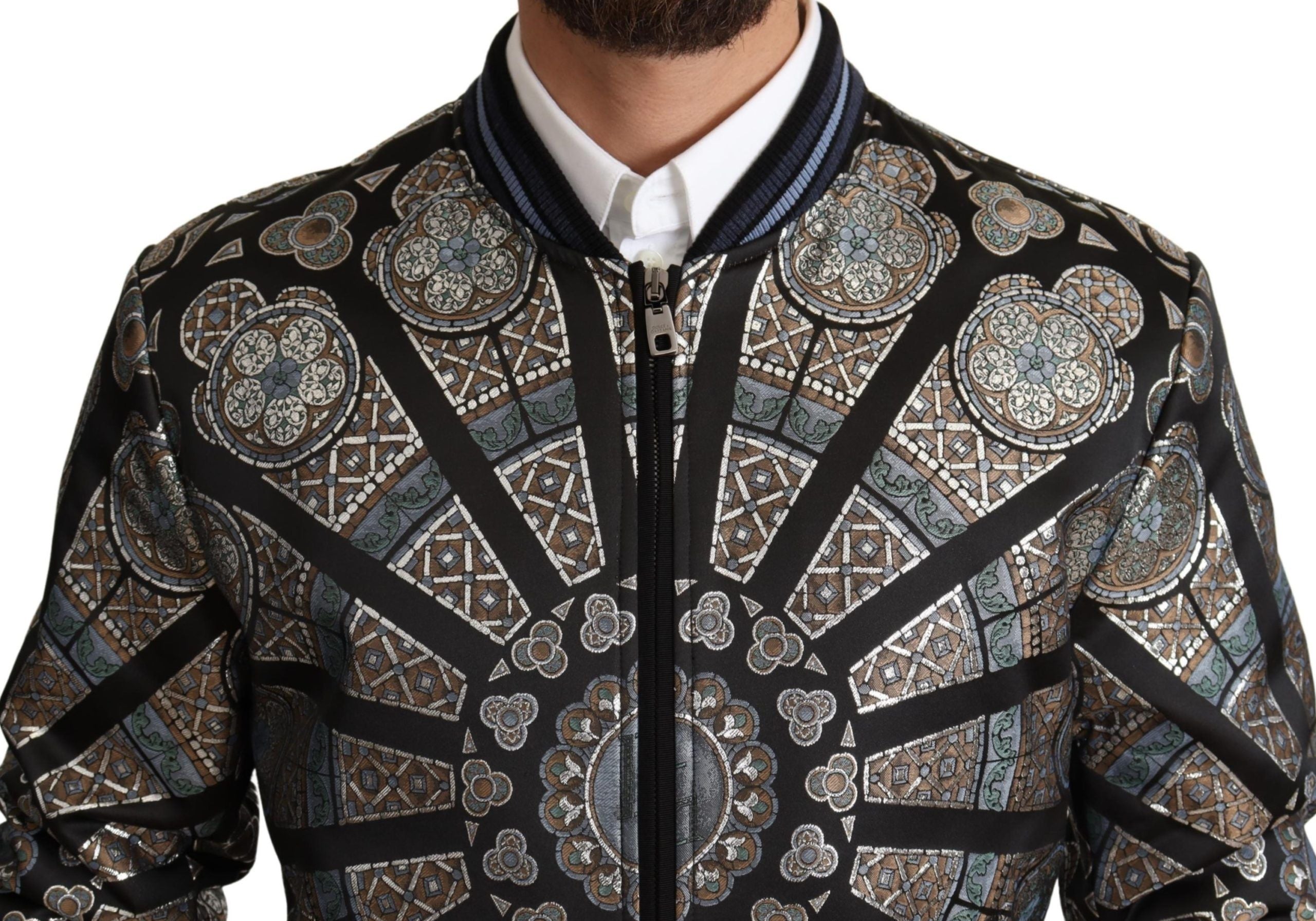 Dolce &amp; Gabbana Blue Jacquard Motive Bomber Coat Мъжко яке