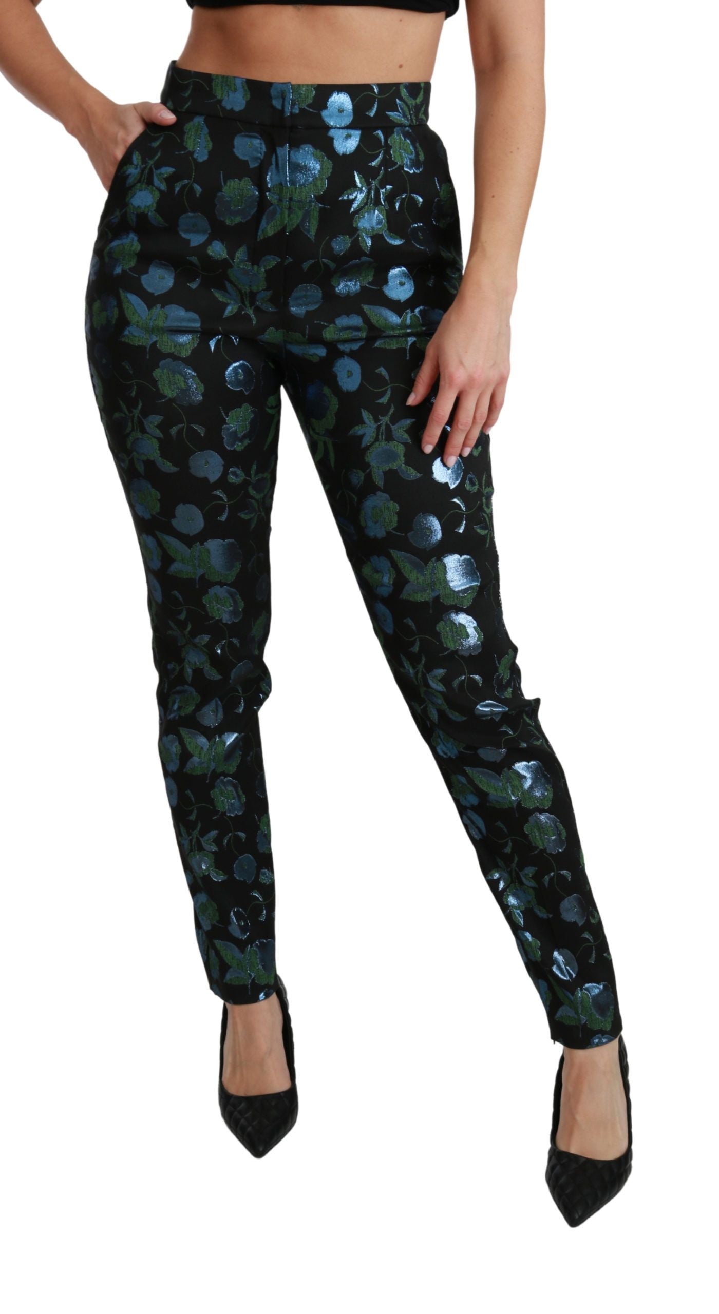 Dolce &amp; Gabbana Blue Green Floral Metallic Slim Pants