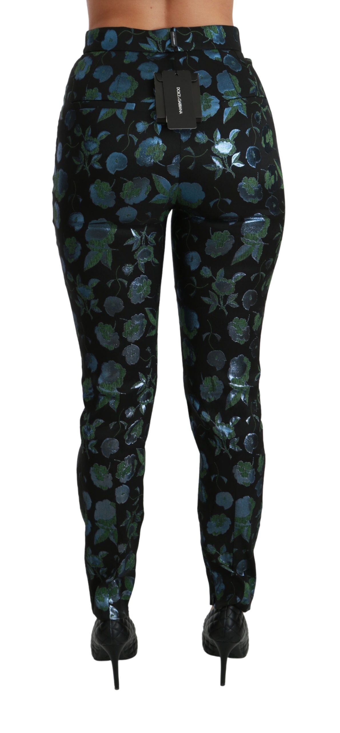 Dolce &amp; Gabbana Blue Green Floral Metallic Slim Pants