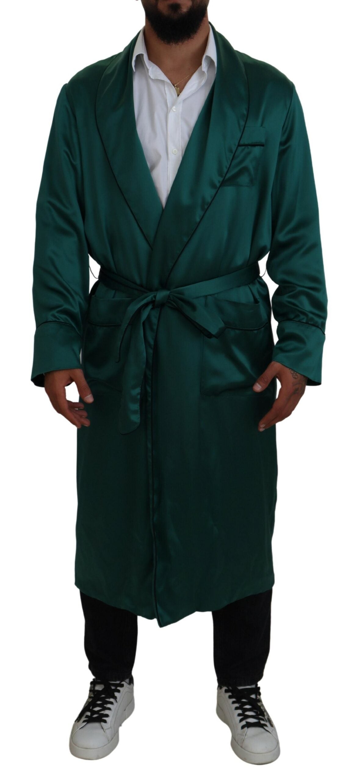 Спално облекло Dolce &amp; Gabbana със зелен копринен колан за талията