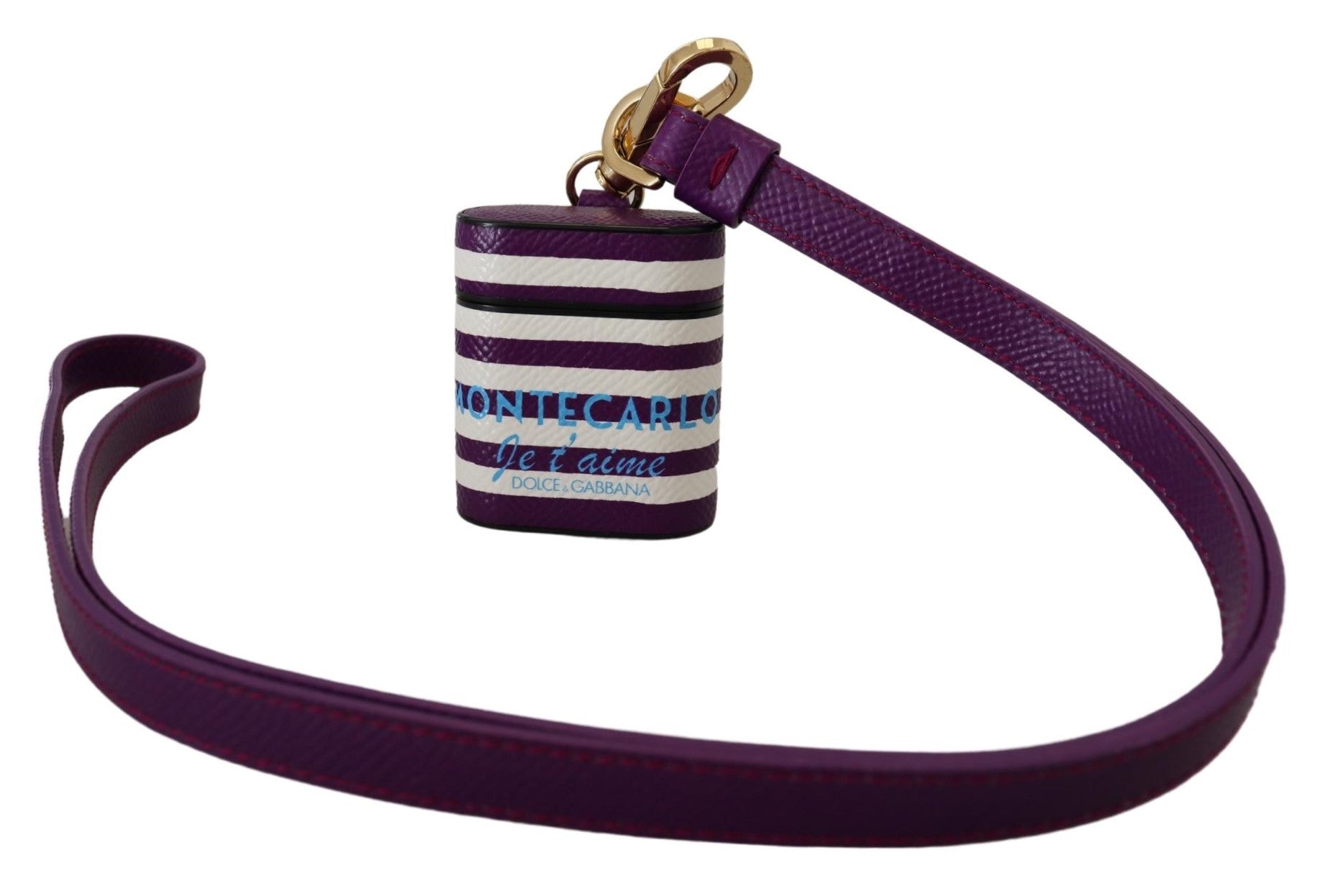 Dolce &amp; Gabbana Purple Leather Strap Gold Metal Logo Airpods Case