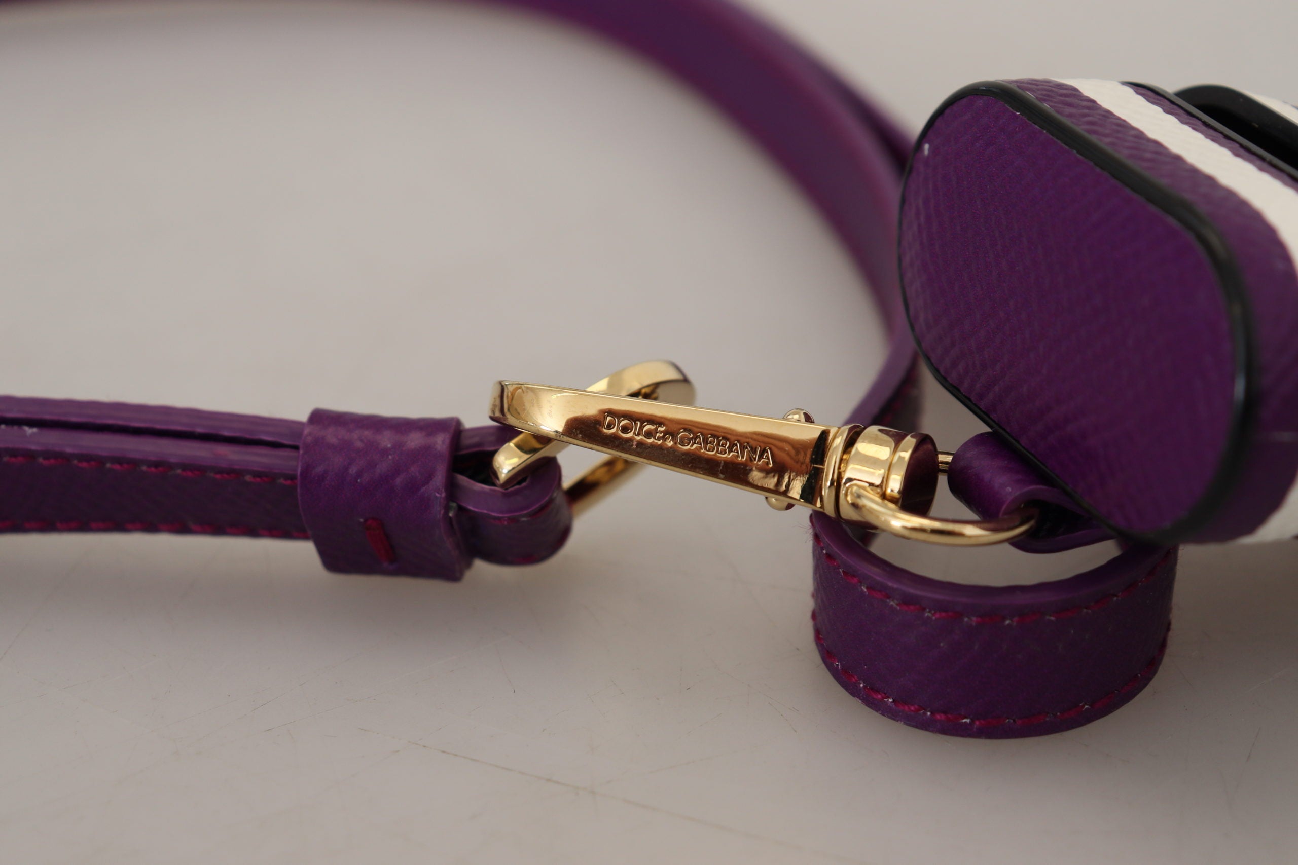 Dolce &amp; Gabbana Purple Leather Strap Gold Metal Logo Airpods Case
