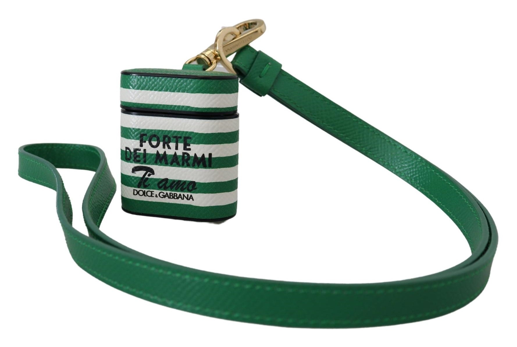Dolce &amp; Gabbana със зелена кожена каишка със златно метално лого Airpods Case