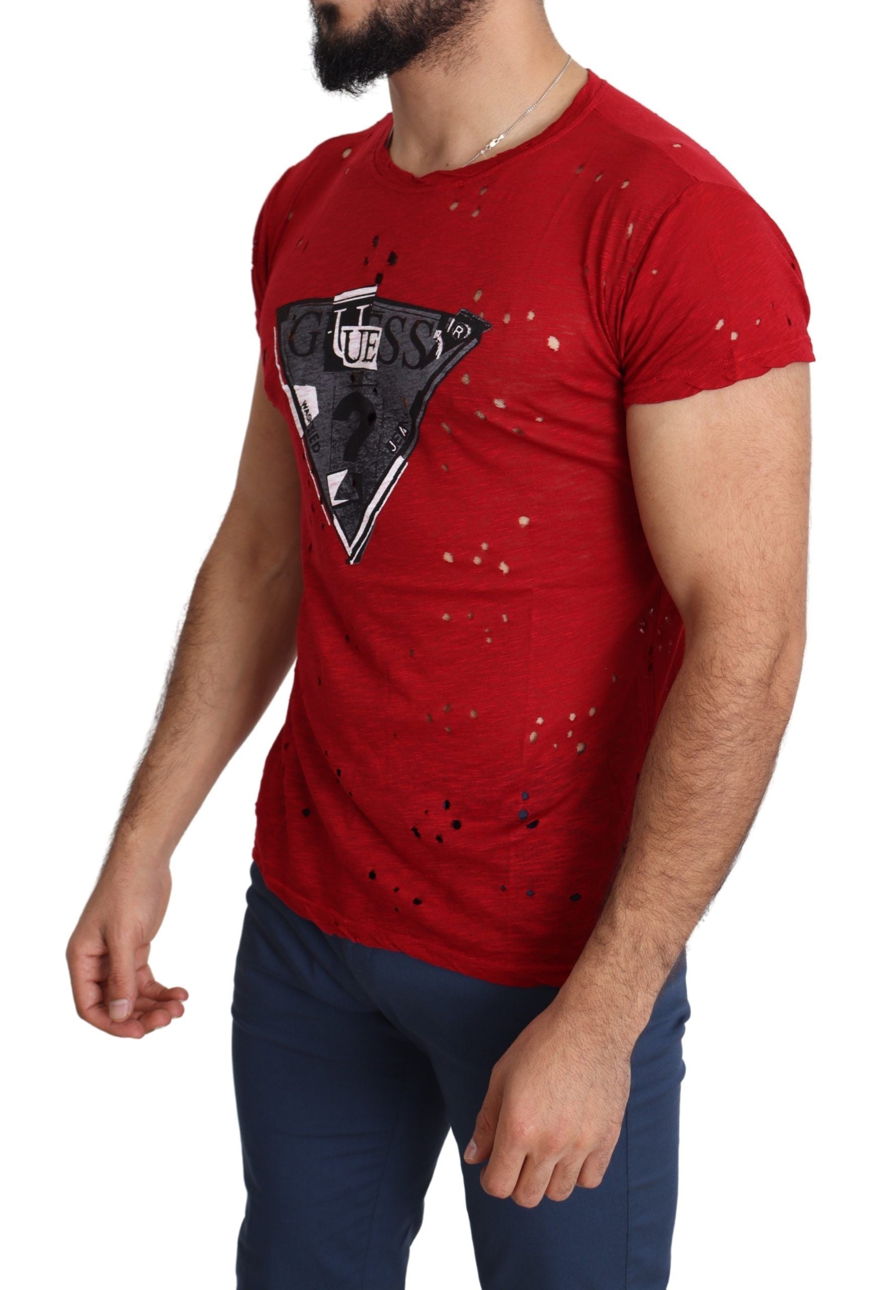 Guess Червена памучна щампа с лого Мъжка ежедневна перфорирана тениска