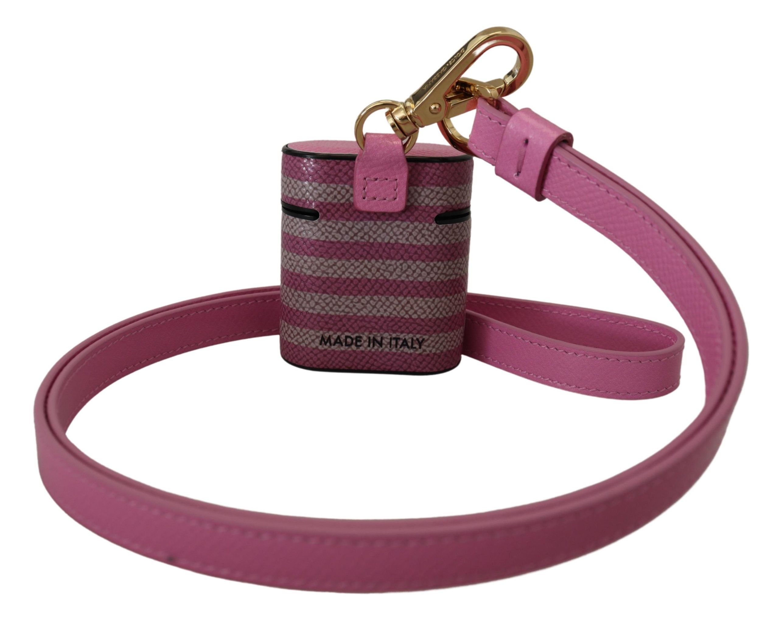 Dolce &amp; Gabbana Pink Black Leather Strap Gold Metal Logo Airpods Case