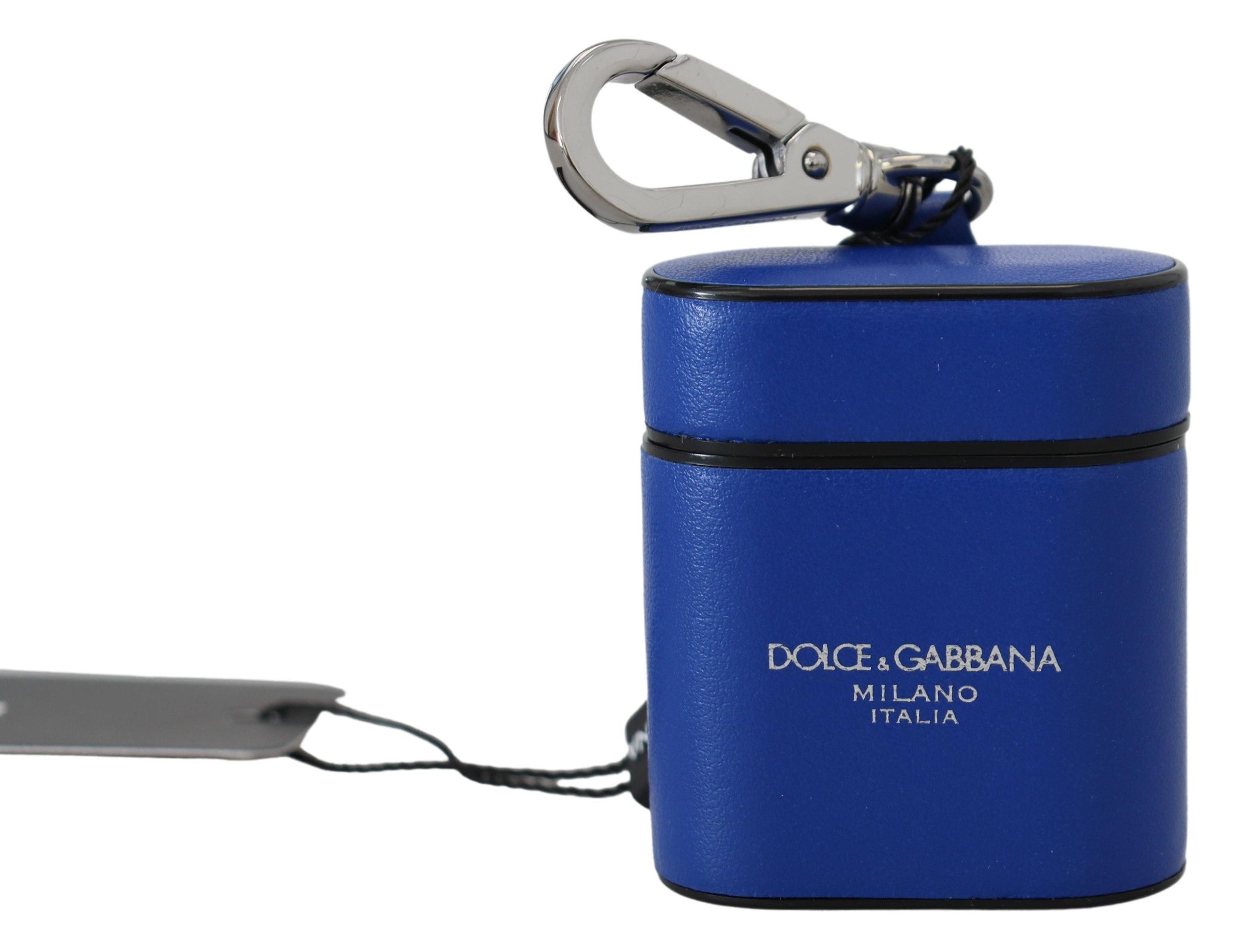 Dolce &amp; Gabbana Син кожен сребрист метален калъф Airpods с лого