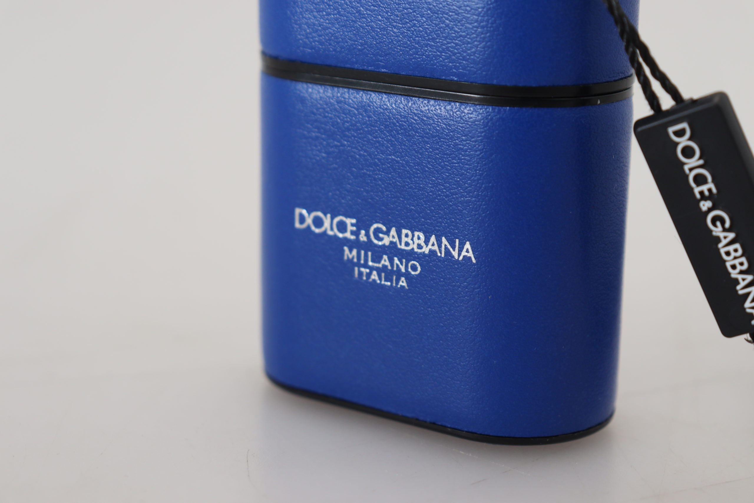 Dolce &amp; Gabbana Син кожен сребрист метален калъф Airpods с лого