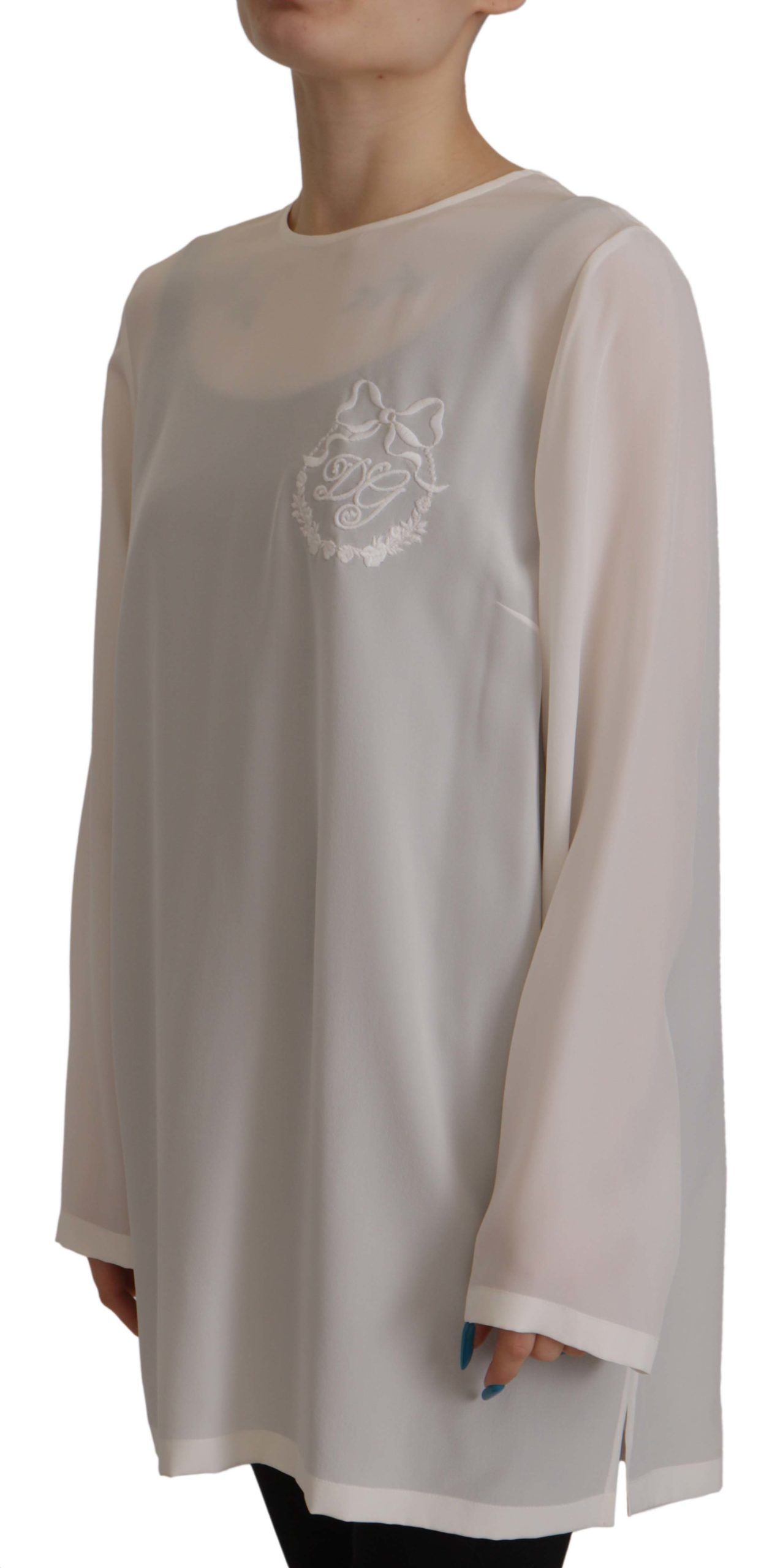 Dolce &amp; Gabbana Бяла копринена DG бродирана блуза с дълги ръкави