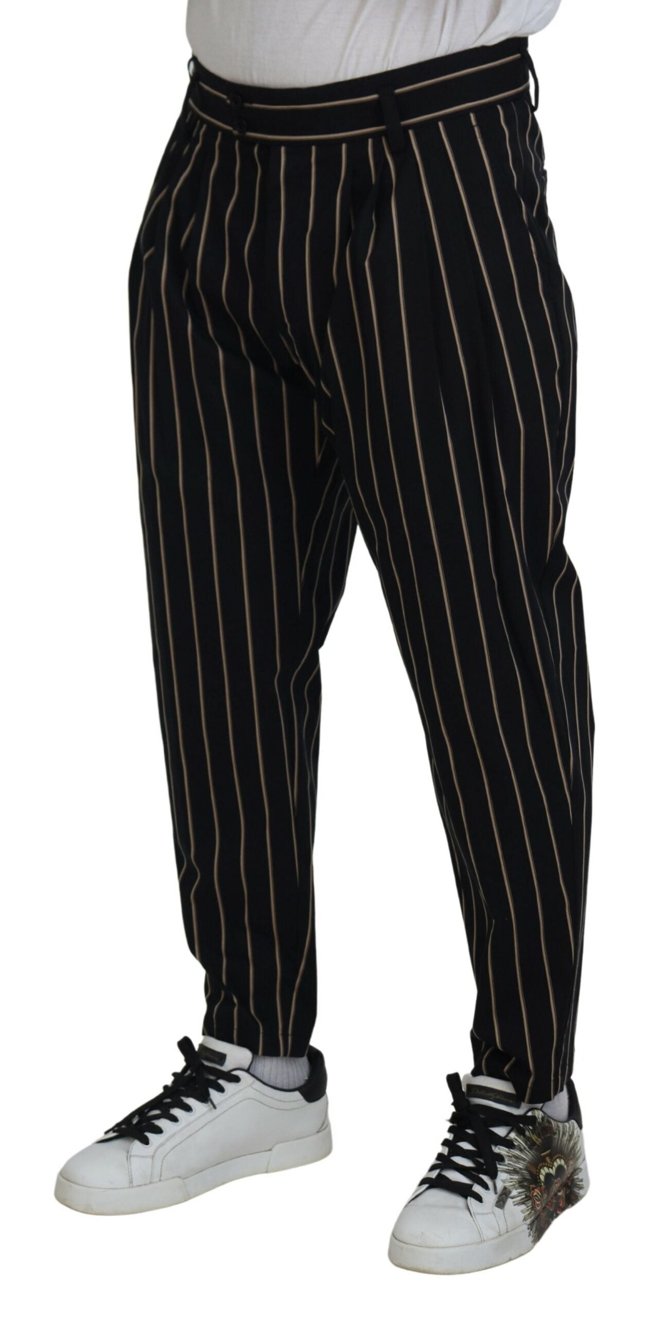 Черен бежов памучен еластичен панталон на райе Dolce &amp; Gabbana