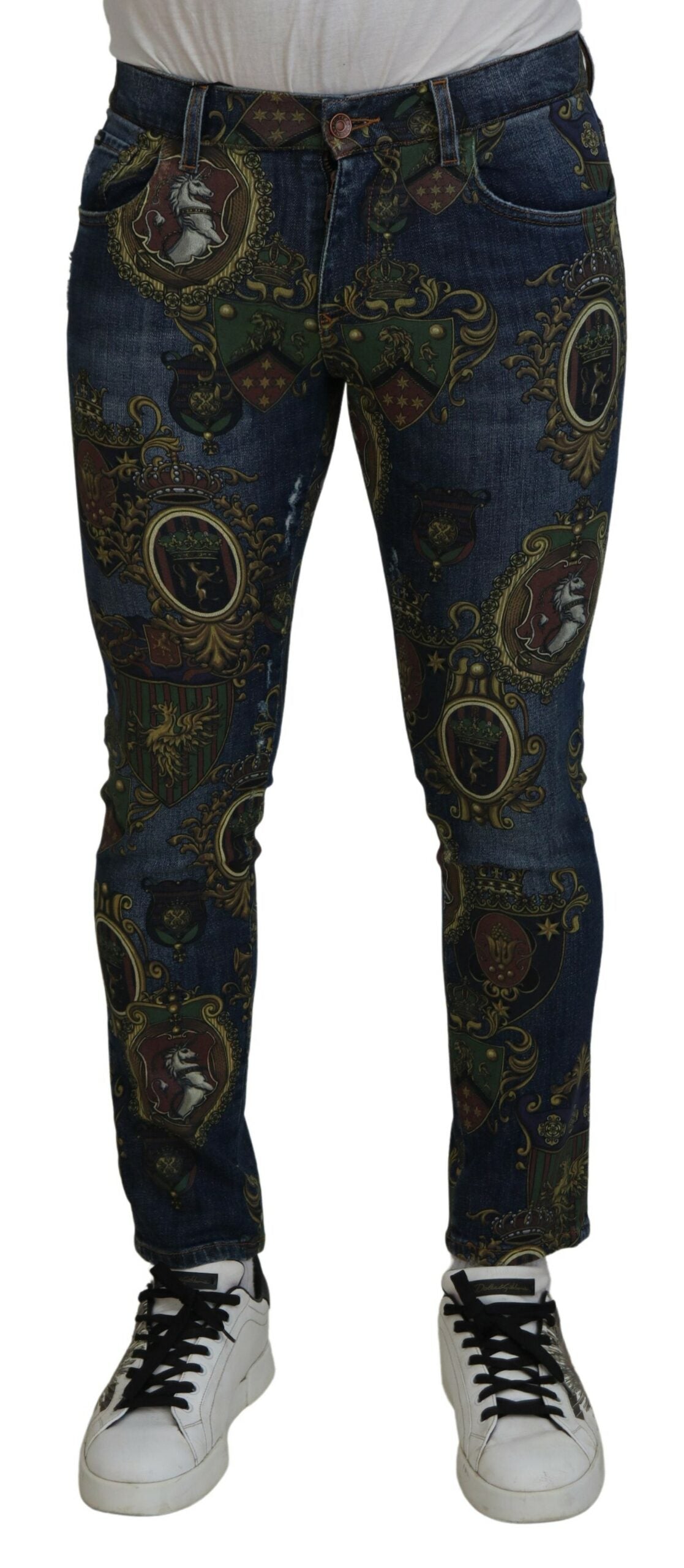 Памучни тесни дънки със син хералдически принт Dolce &amp; Gabbana