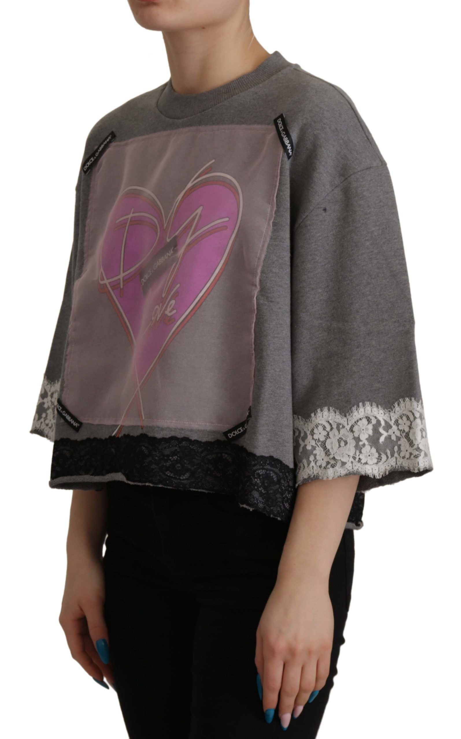 Dolce & Gabbana Chic Grey Cotton Heart Tee with Bell Sleeves