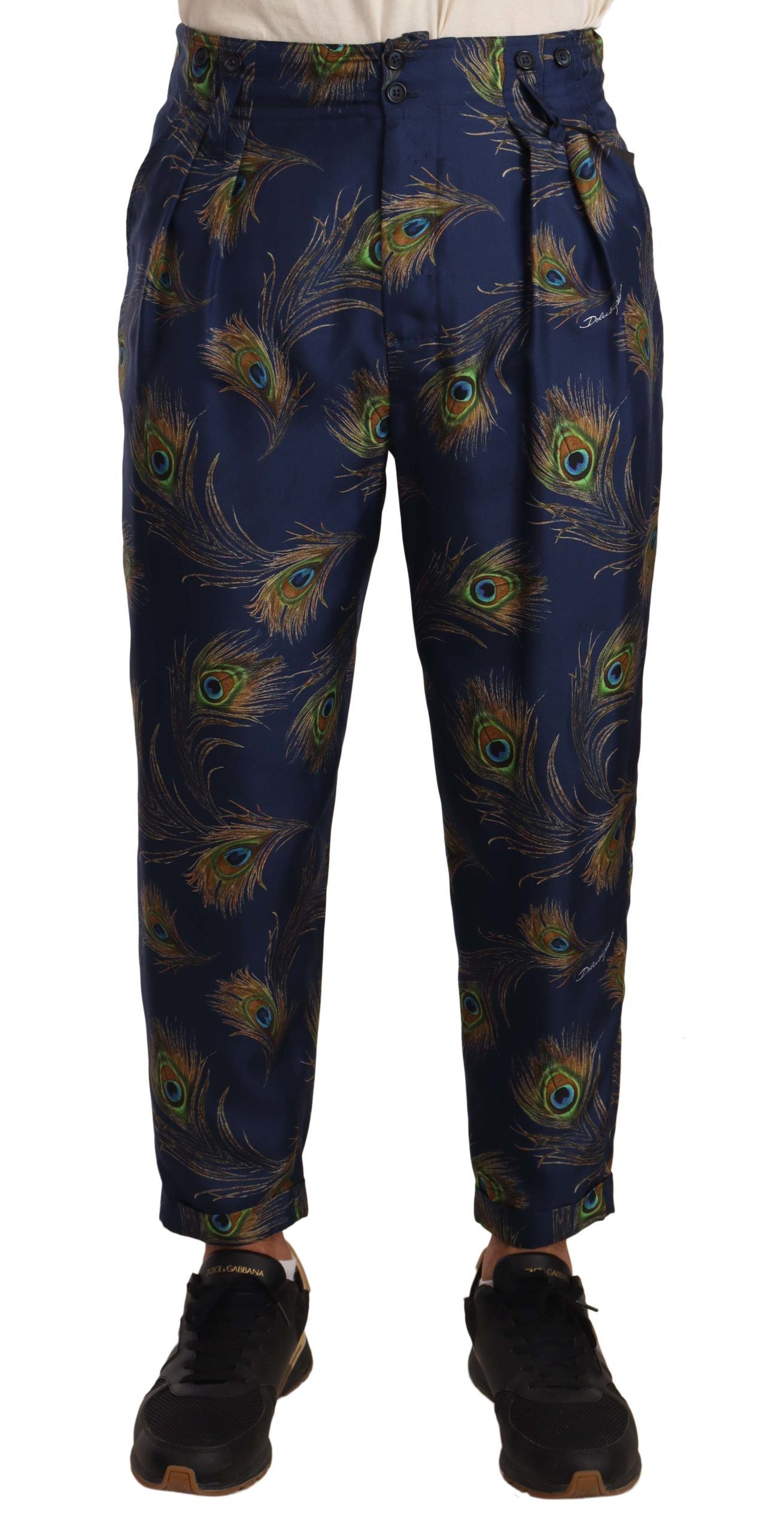 Заужени панталони Dolce &amp; Gabbana със син паун и копринени панталони