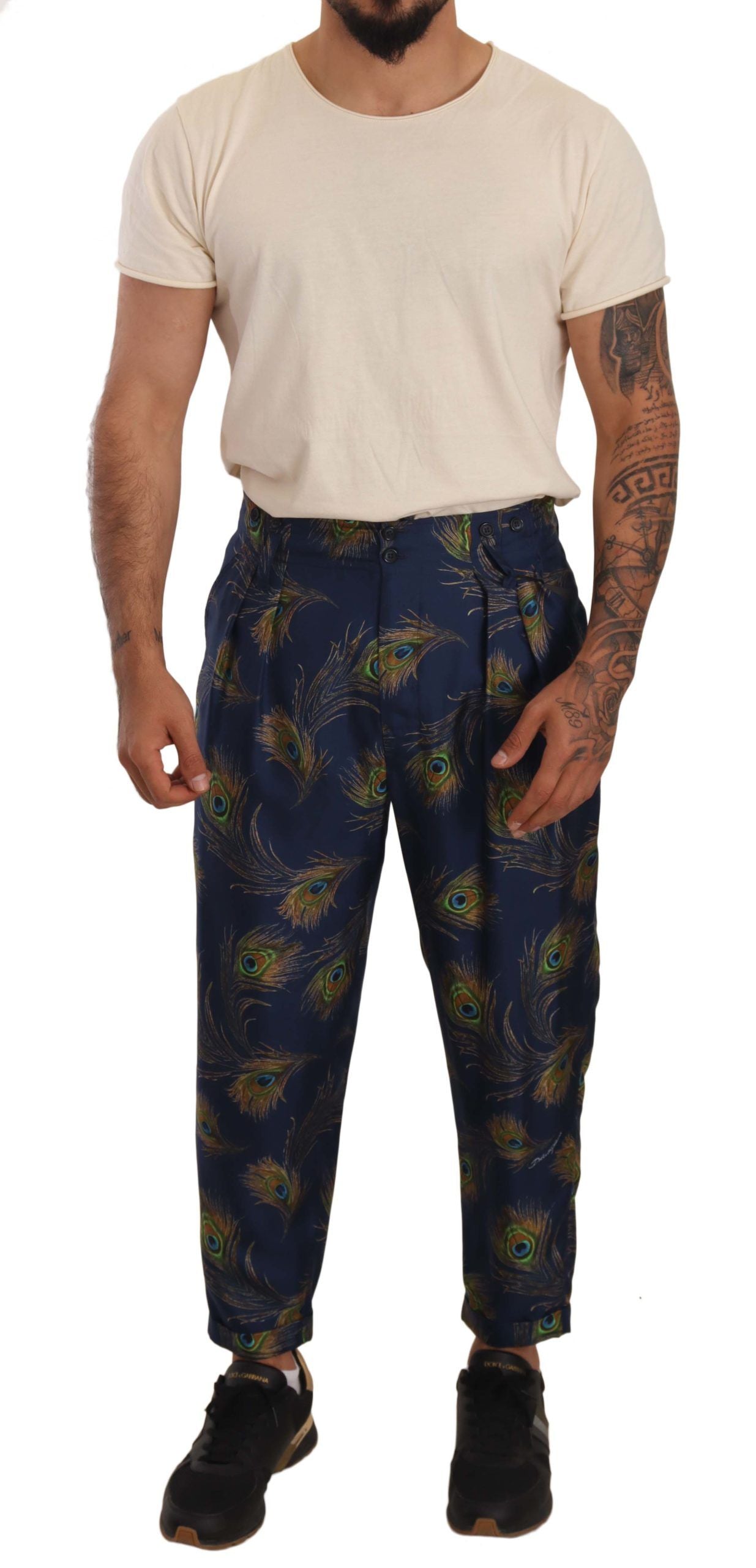 Заужени панталони Dolce &amp; Gabbana със син паун и копринени панталони