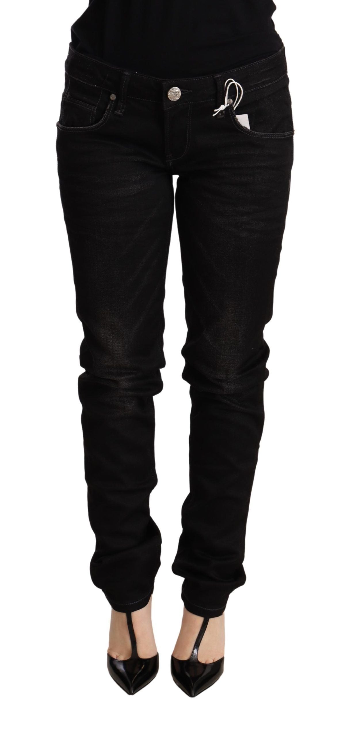 Черен тесен дънков памучен панталон с ниска талия Acht