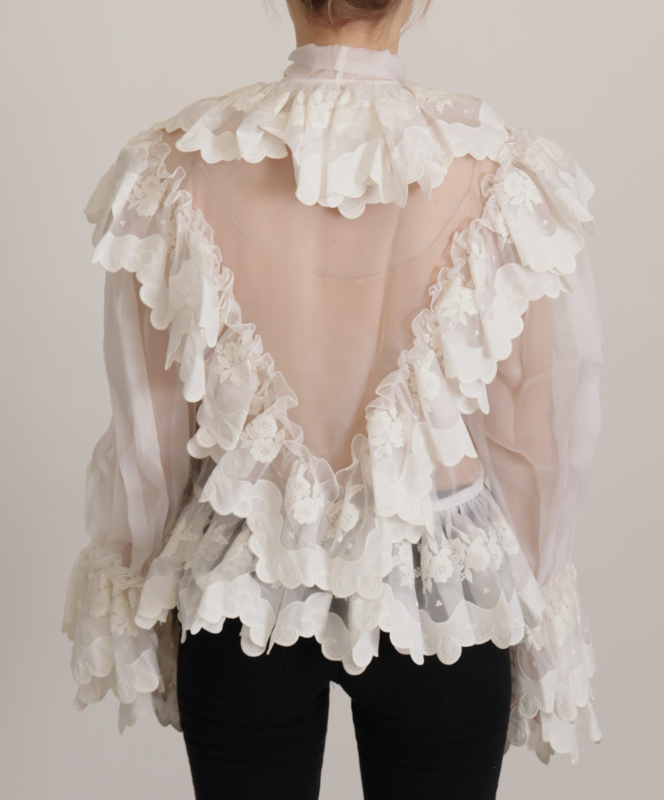 Dolce &amp; Gabbana Бяла дантелена блуза с волани с дълъг ръкав