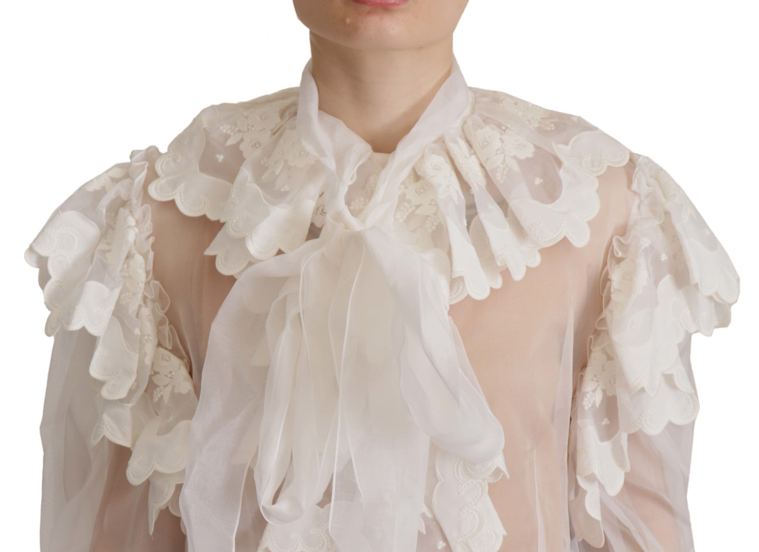 Dolce &amp; Gabbana Бяла дантелена блуза с волани с дълъг ръкав