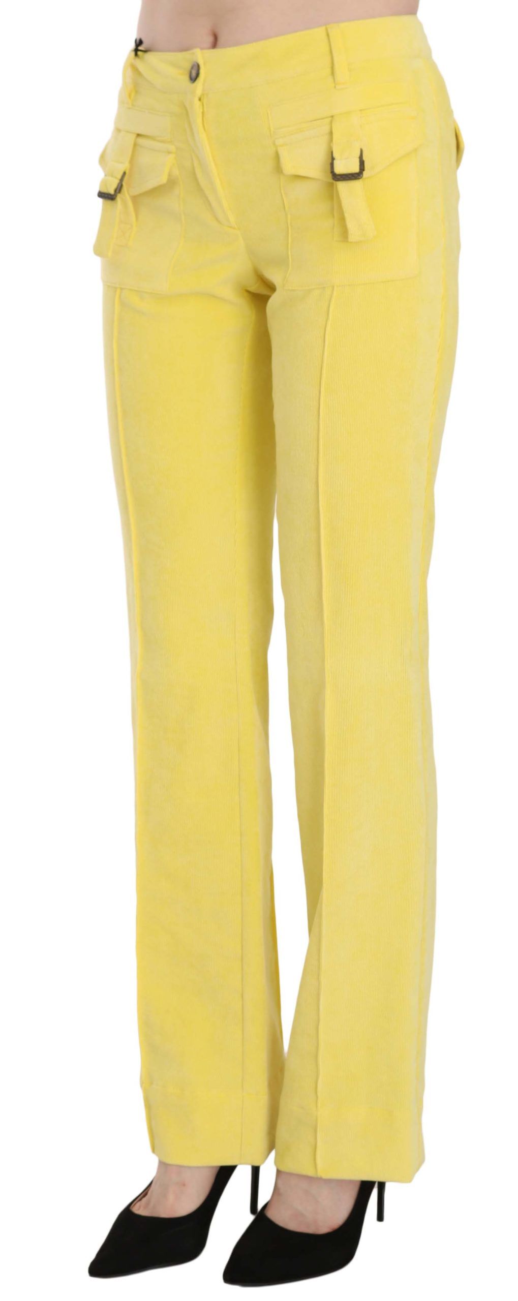 Just Cavalli Прави панталони от жълто кадифе със средна талия