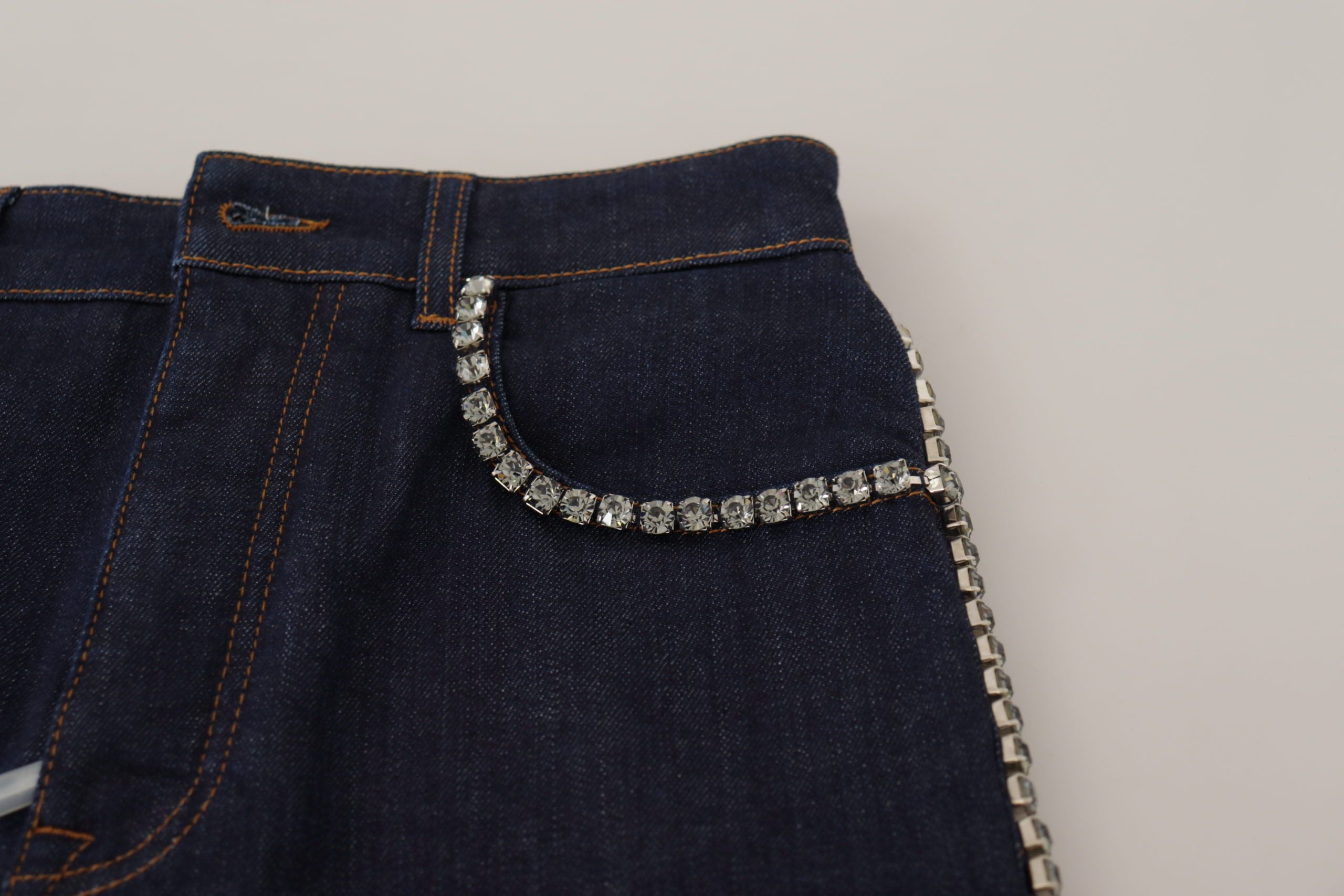 Dolce &amp; Gabbana Blue Denim Stretch Crystal Hot Pants Шорти