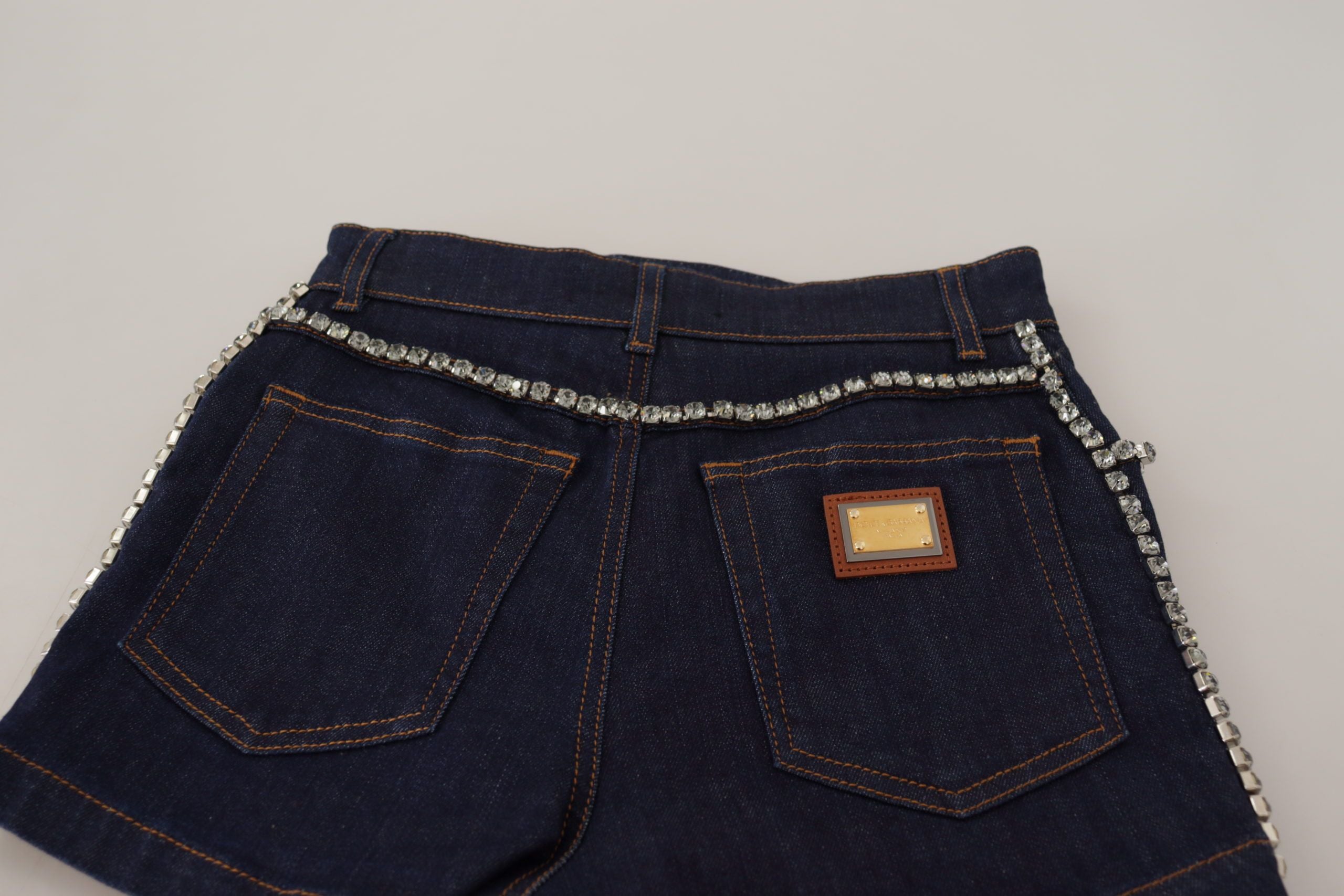 Dolce &amp; Gabbana Blue Denim Stretch Crystal Hot Pants Шорти