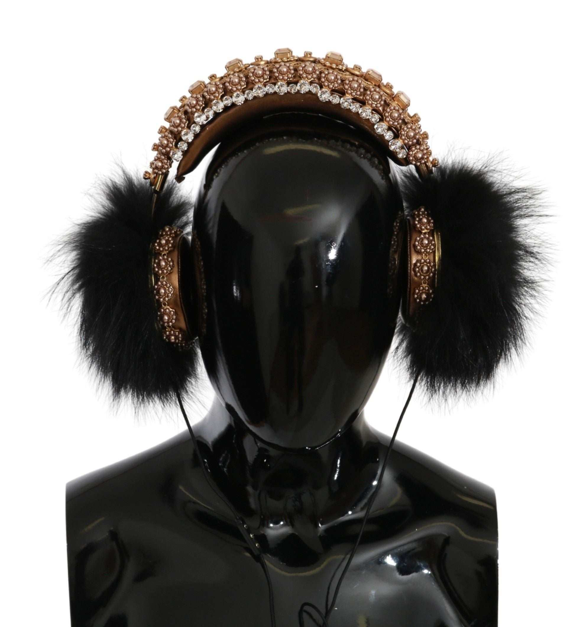 Dolce &amp; Gabbana Gold Black Crystal Fur Headset Аудио слушалки