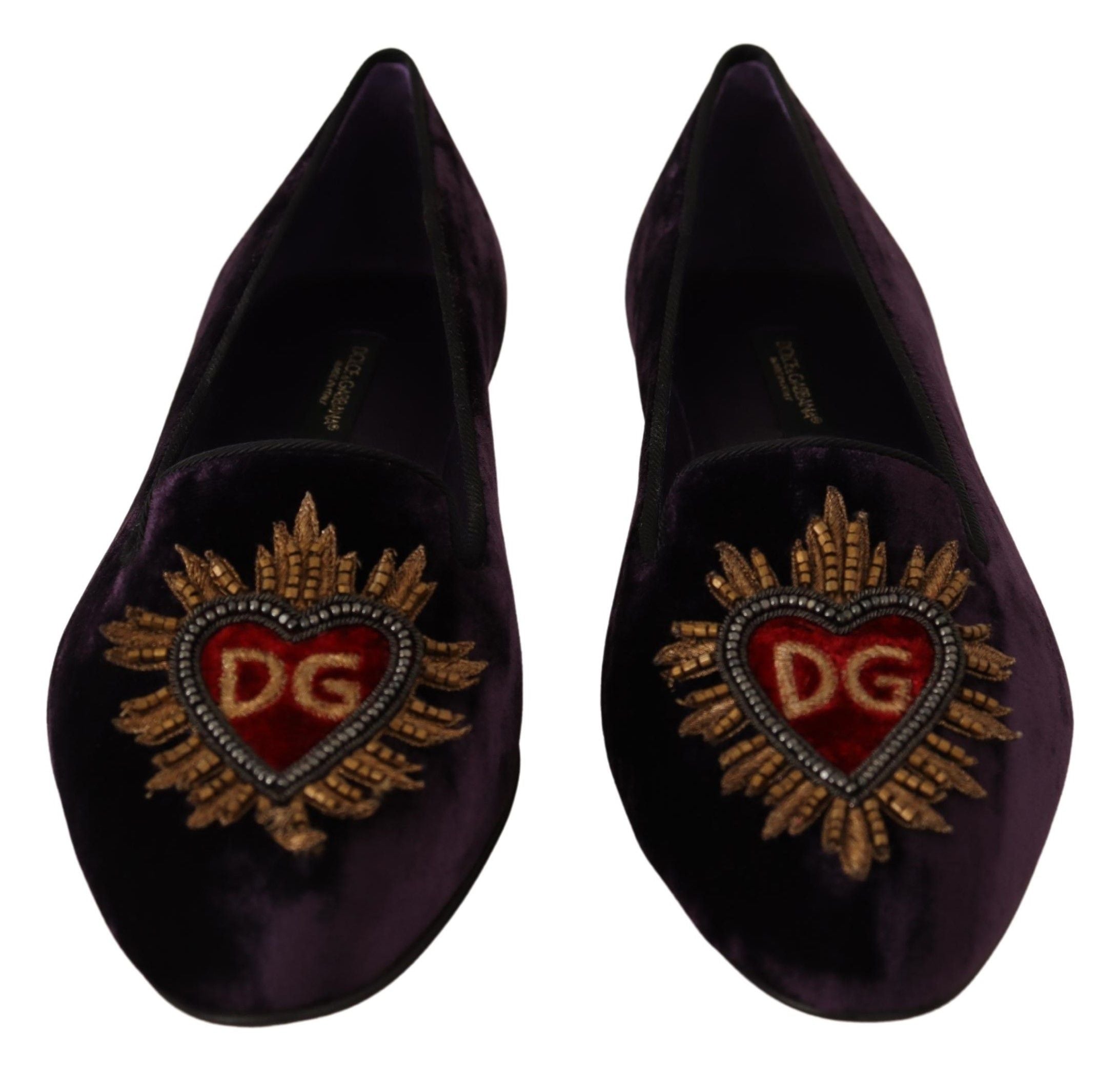 Обувки Dolce &amp; Gabbana Purple Velvet DG Heart Loafers Flats Shoes