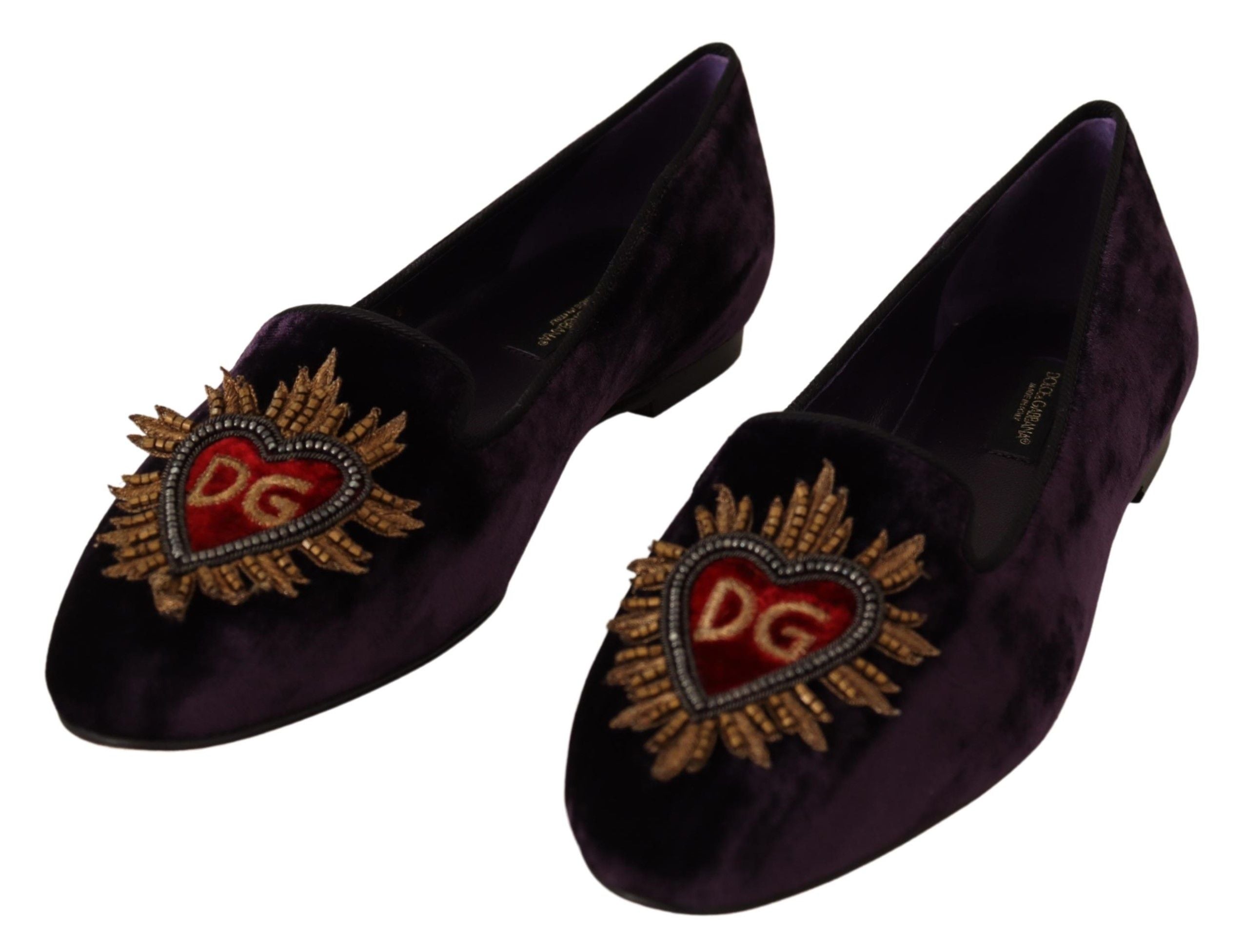 Обувки Dolce &amp; Gabbana Purple Velvet DG Heart Loafers Flats Shoes