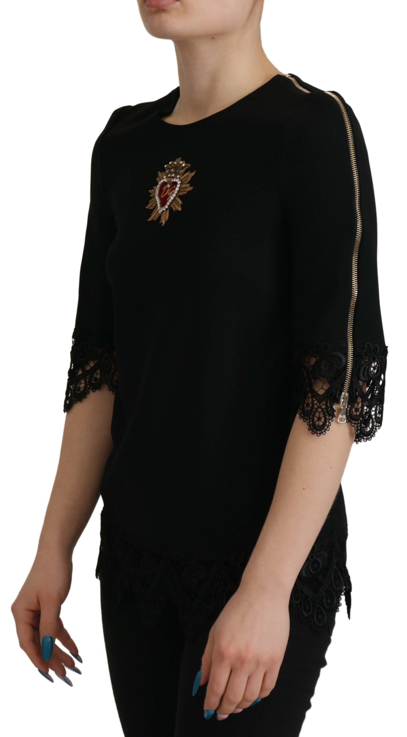 Блуза Dolce &amp; Gabbana Black Cady с дантелена тапицерия и украсено лого