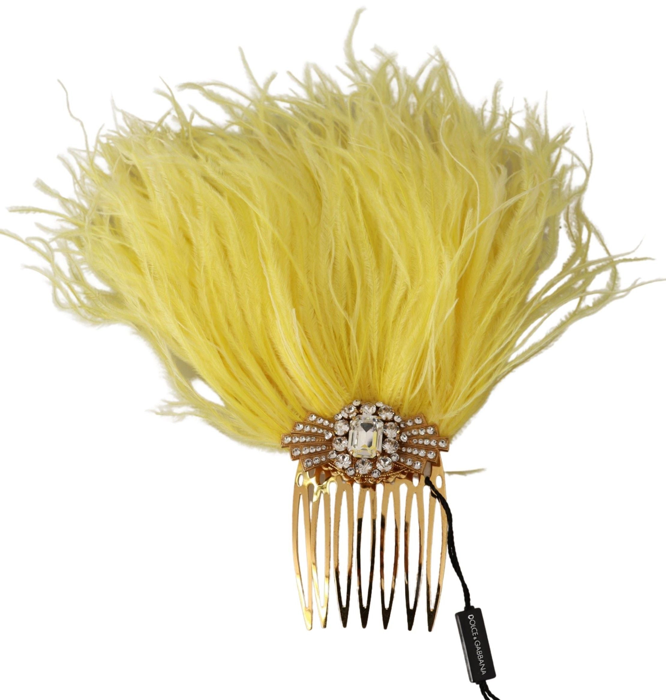 Dolce &amp; Gabbana Gold Brass Clear Crystal Feather Comb Hair Grip Stick