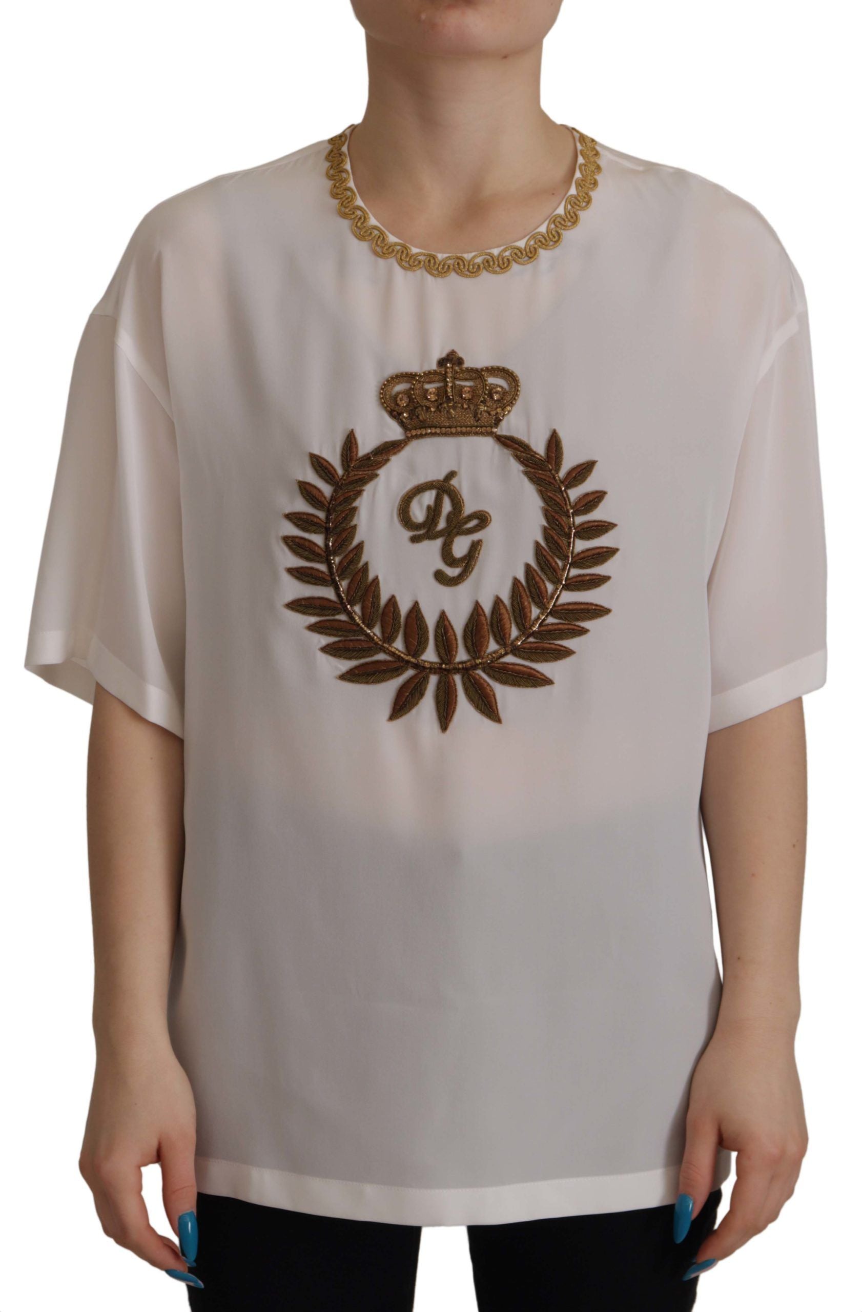 Dolce &amp; Gabbana Бяла копринена златна блуза DG Crown Crystal Top
