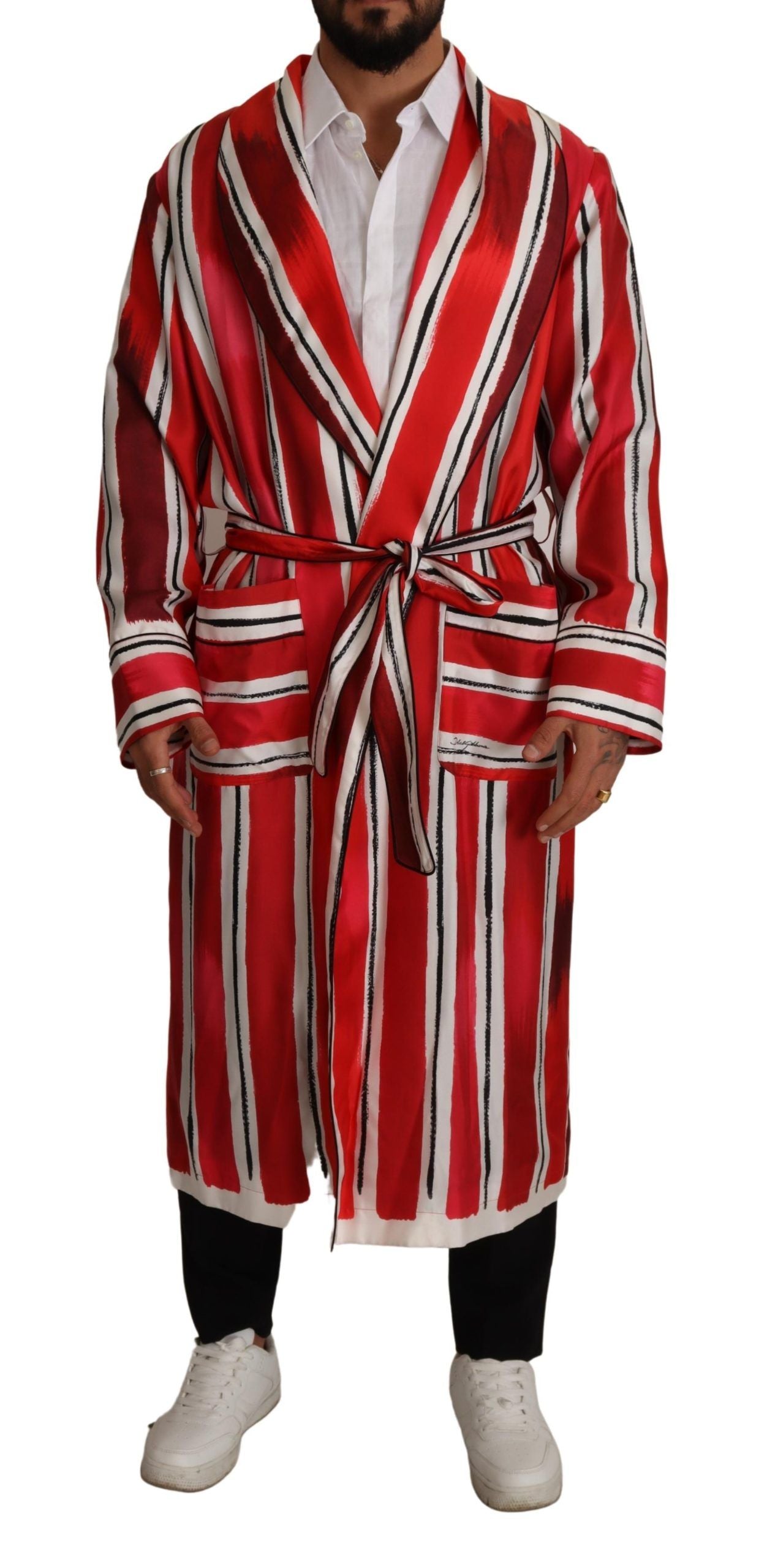 Копринена мъжка нощна рокля Dolce &amp; Gabbana с червени бели райета