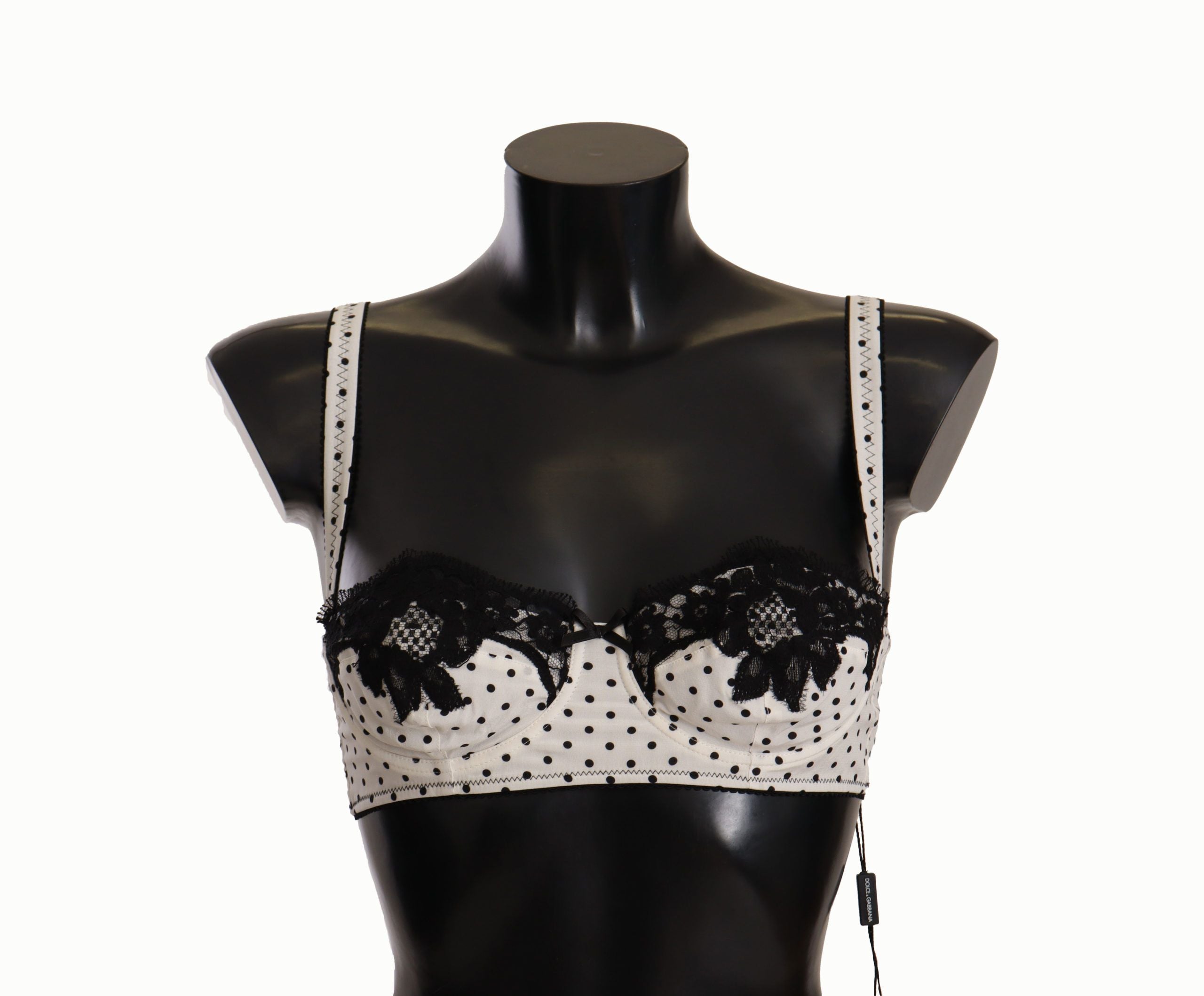 Dolce &amp; Gabbana бял черен сатениран дантелен сутиен балконет на точки
