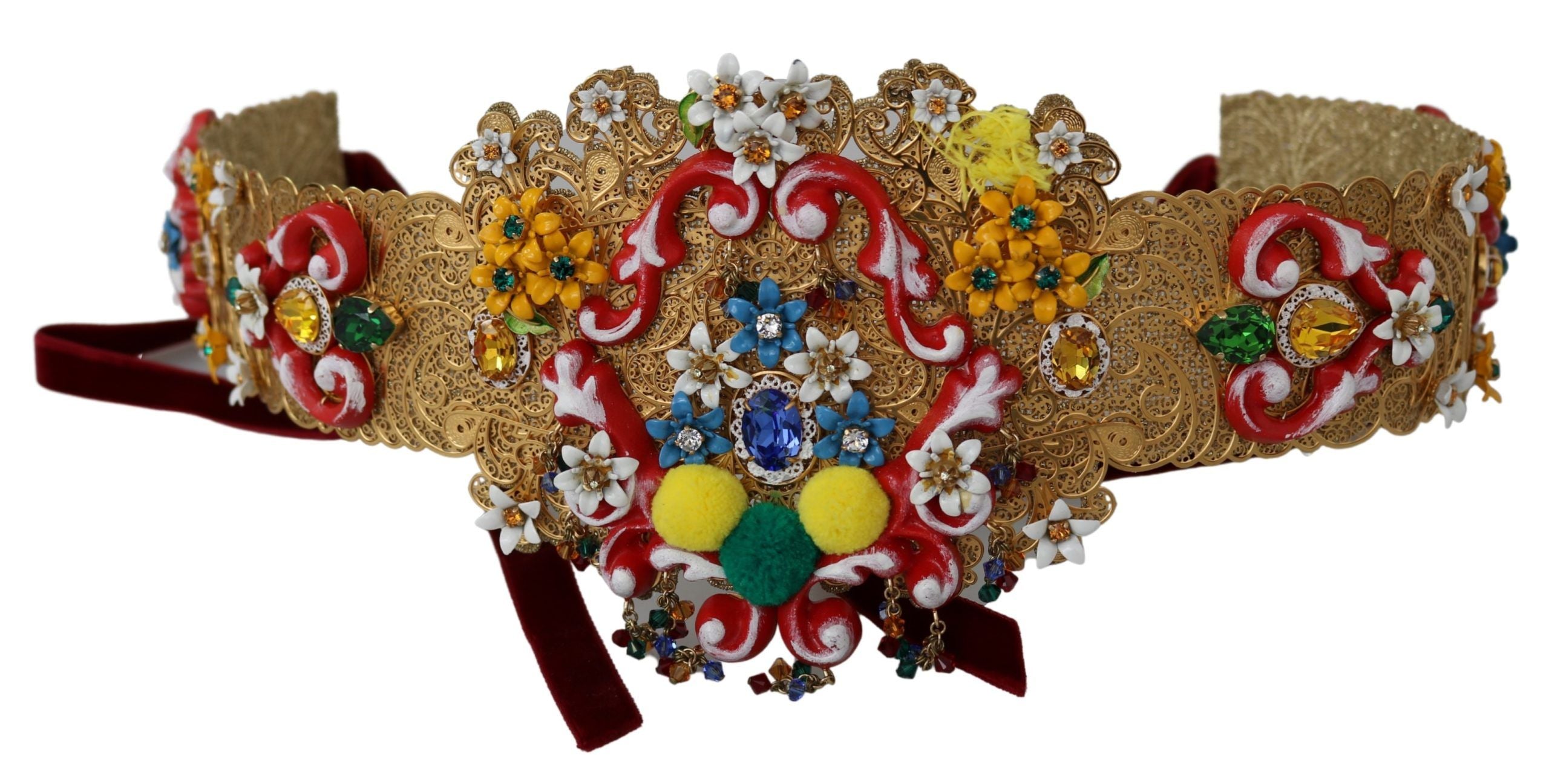 Dolce &amp; Gabbana, украсени с флорални кристали, широка талия, златен колан