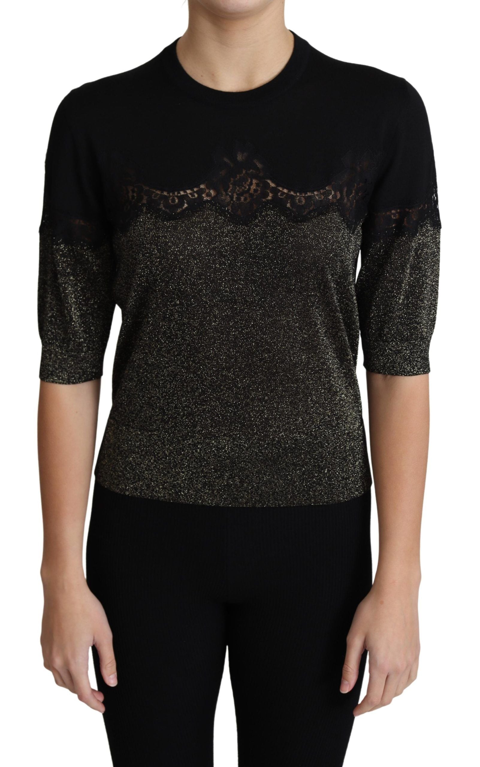 Черен лъскав пуловер с дантелена вложка от лурекс Dolce &amp; Gabbana