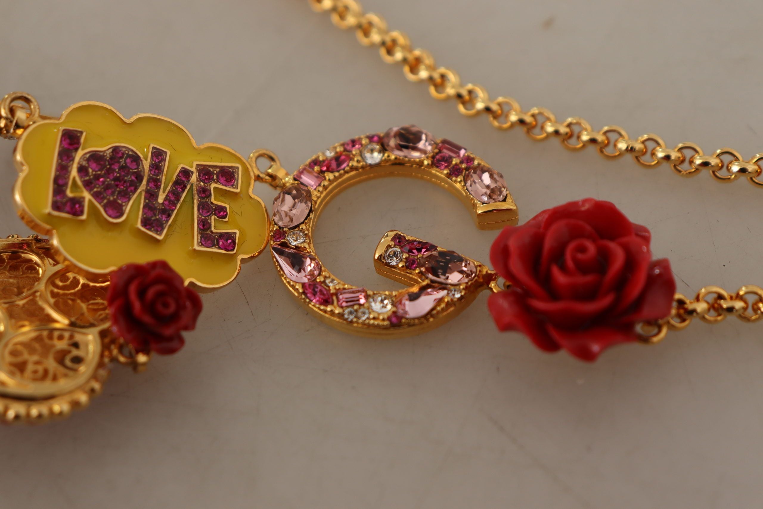 Dolce &amp; Gabbana Gold Rose Love Crystal Charm Chain Колие