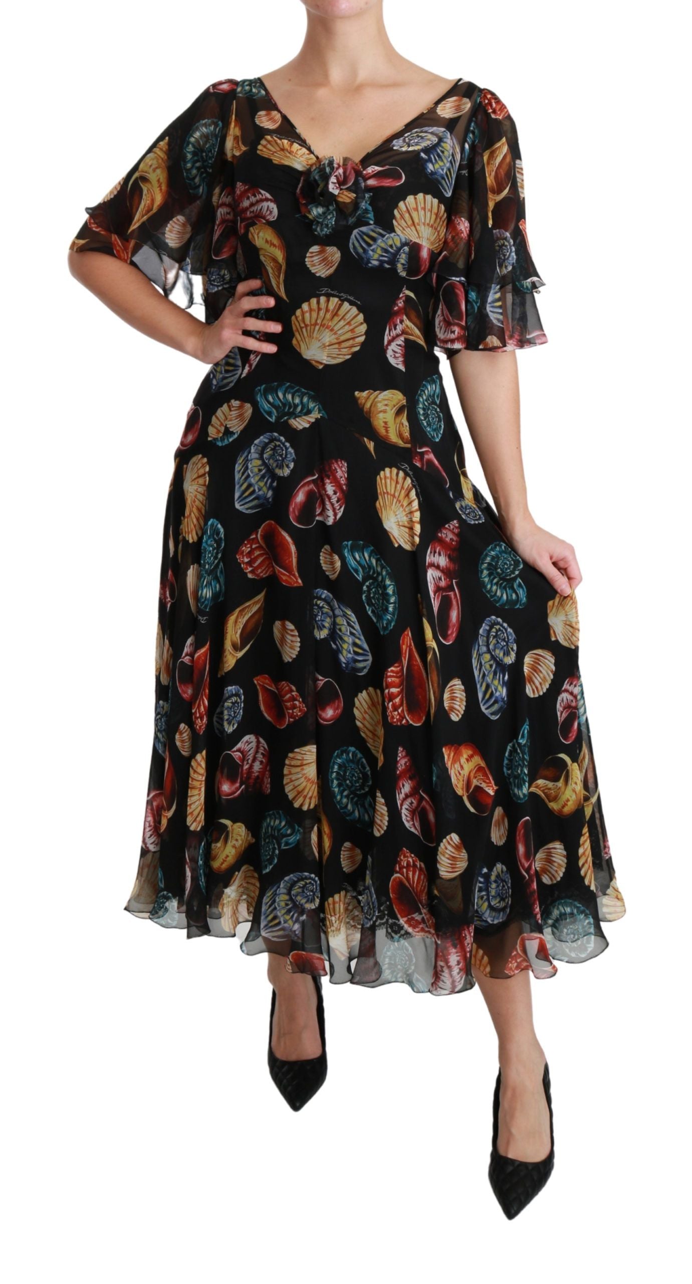 Dolce &amp; Gabbana Black Sea Shells Maxi A-line Midi копринена рокля