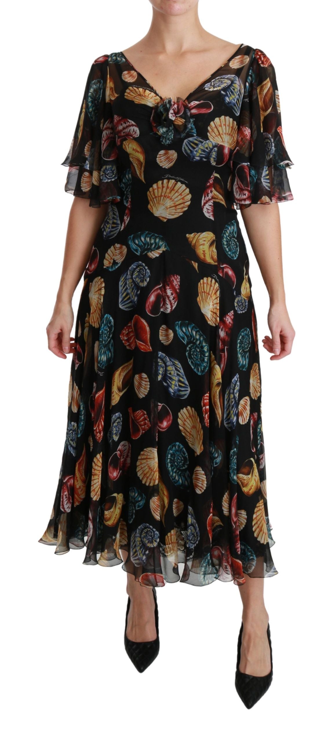 Dolce &amp; Gabbana Black Sea Shells Maxi A-line Midi копринена рокля