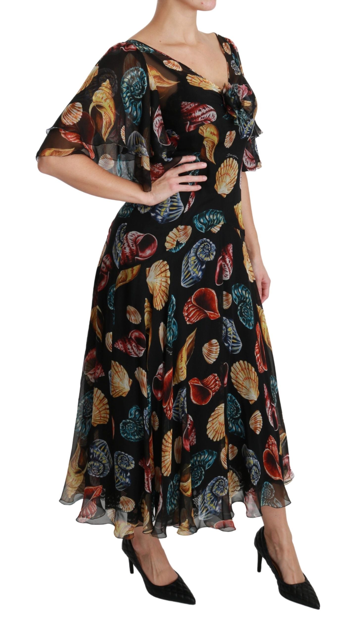 Dolce &amp; Gabbana Black Sea Shells Maxi A-line Midi копринена рокля