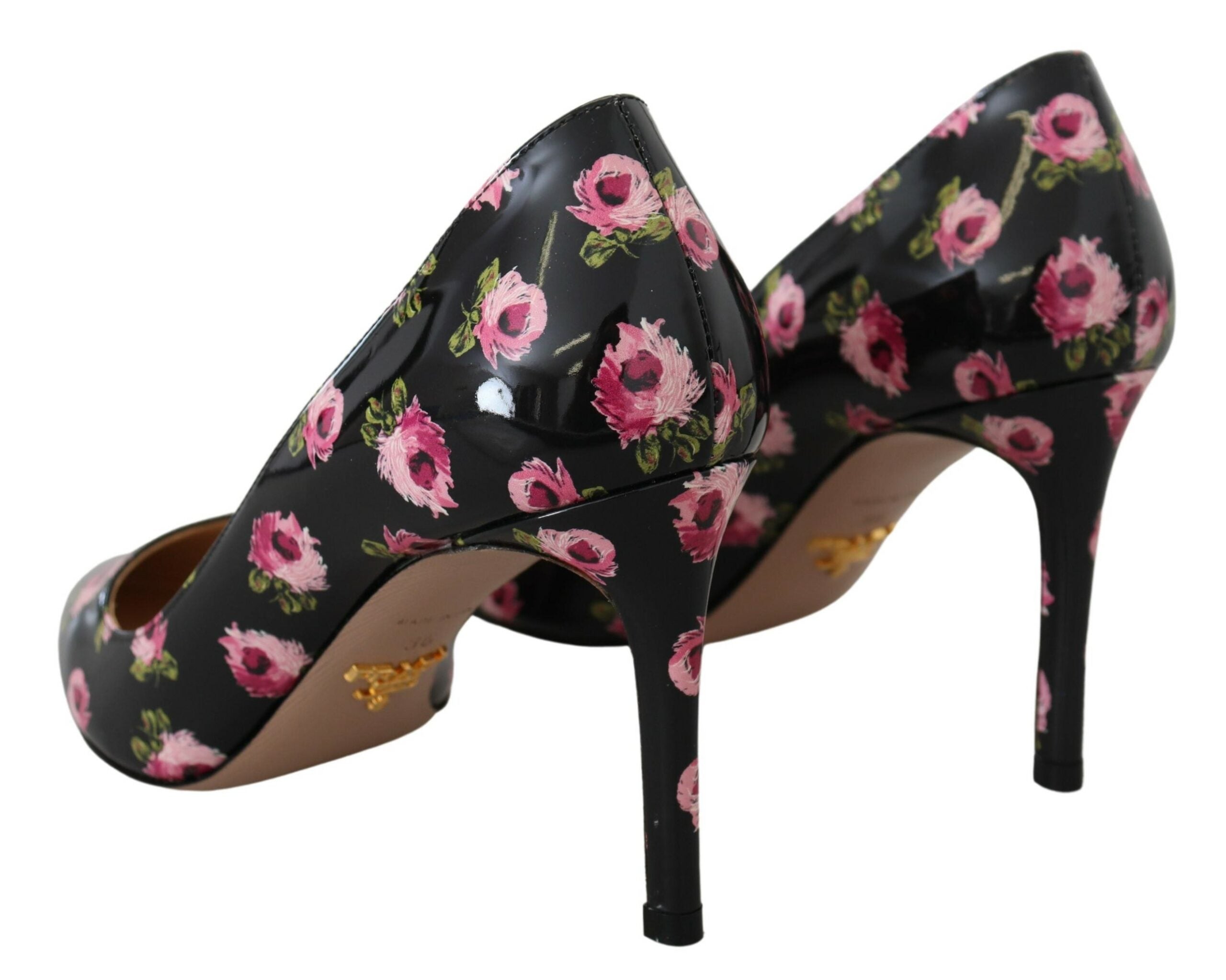 Черни кожени обувки тип обувки с флорални токчета Prada