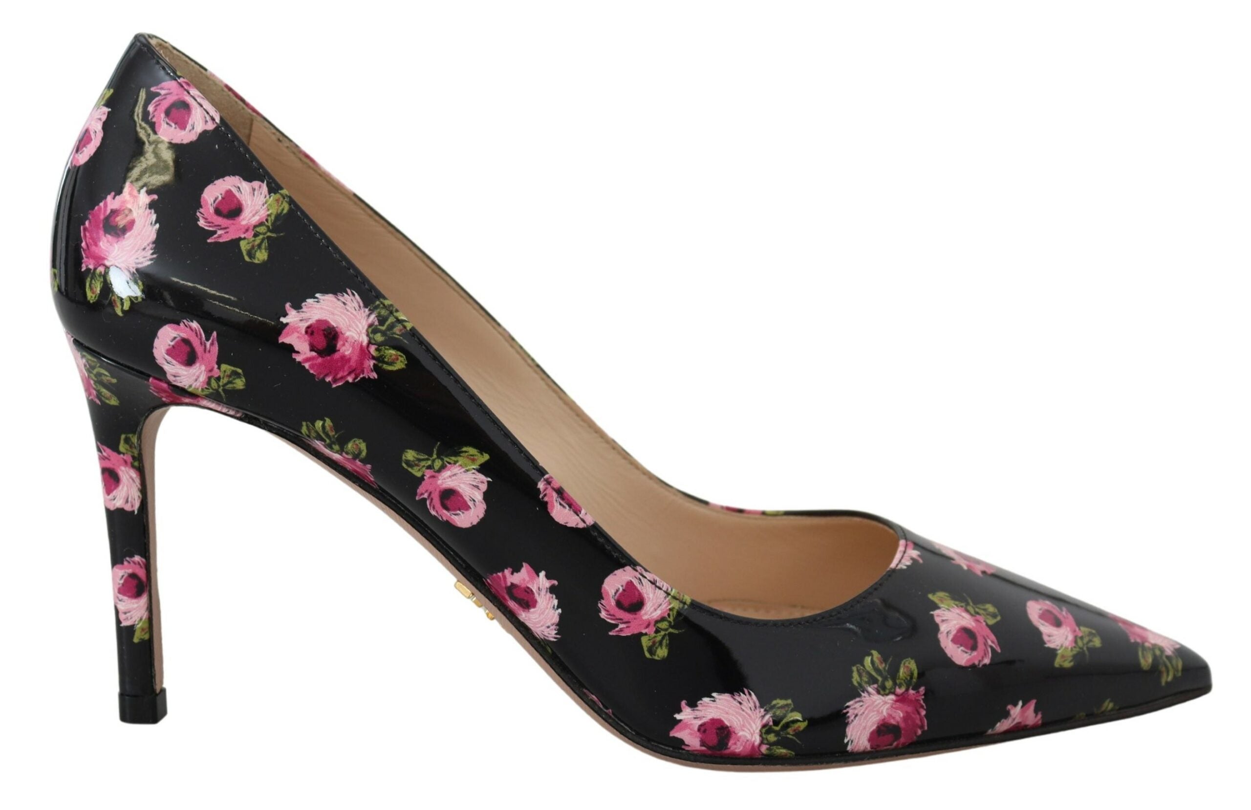Черни кожени обувки тип обувки с флорални токчета Prada