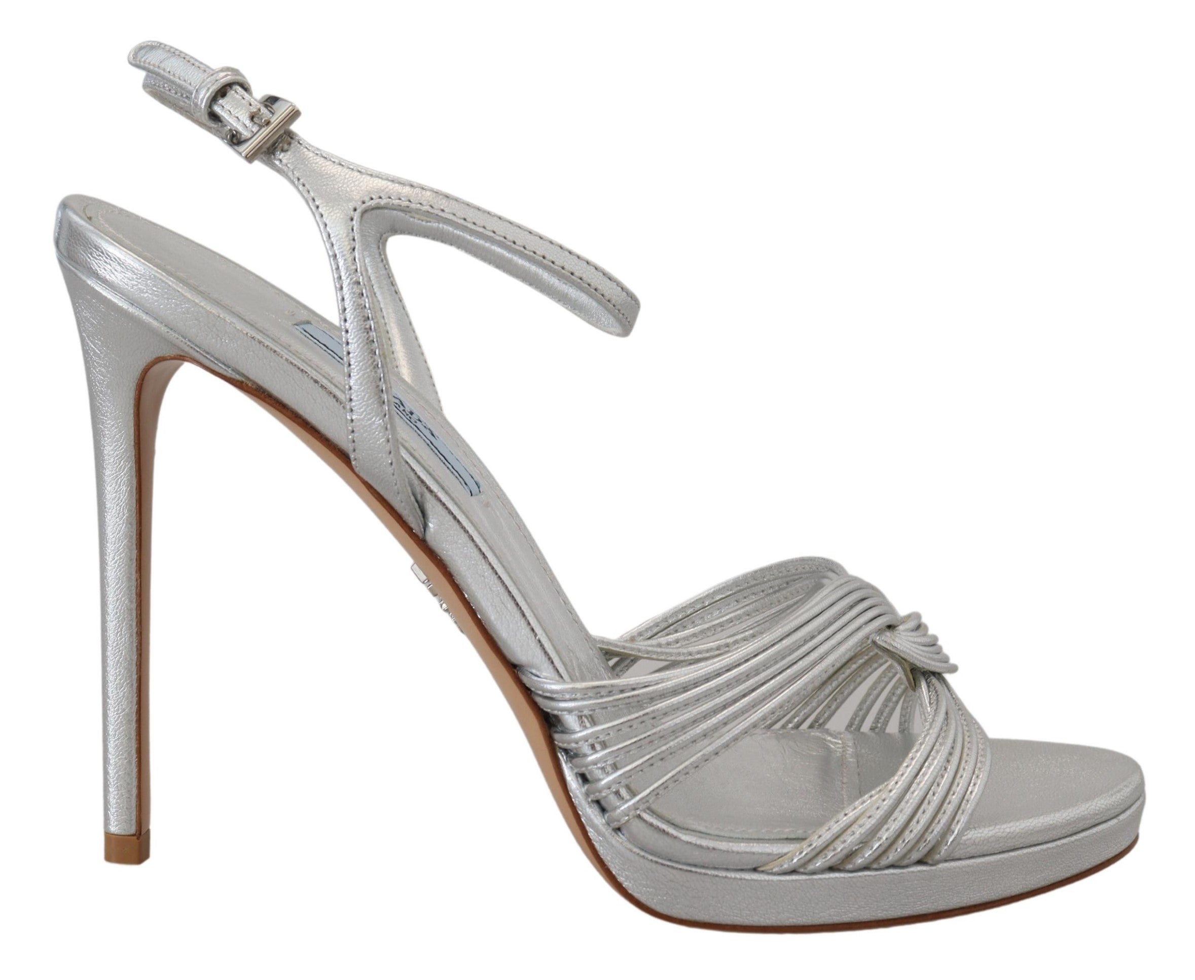 Сребърни кожени сандали Prada с каишка до глезена Обувки с високи токчета