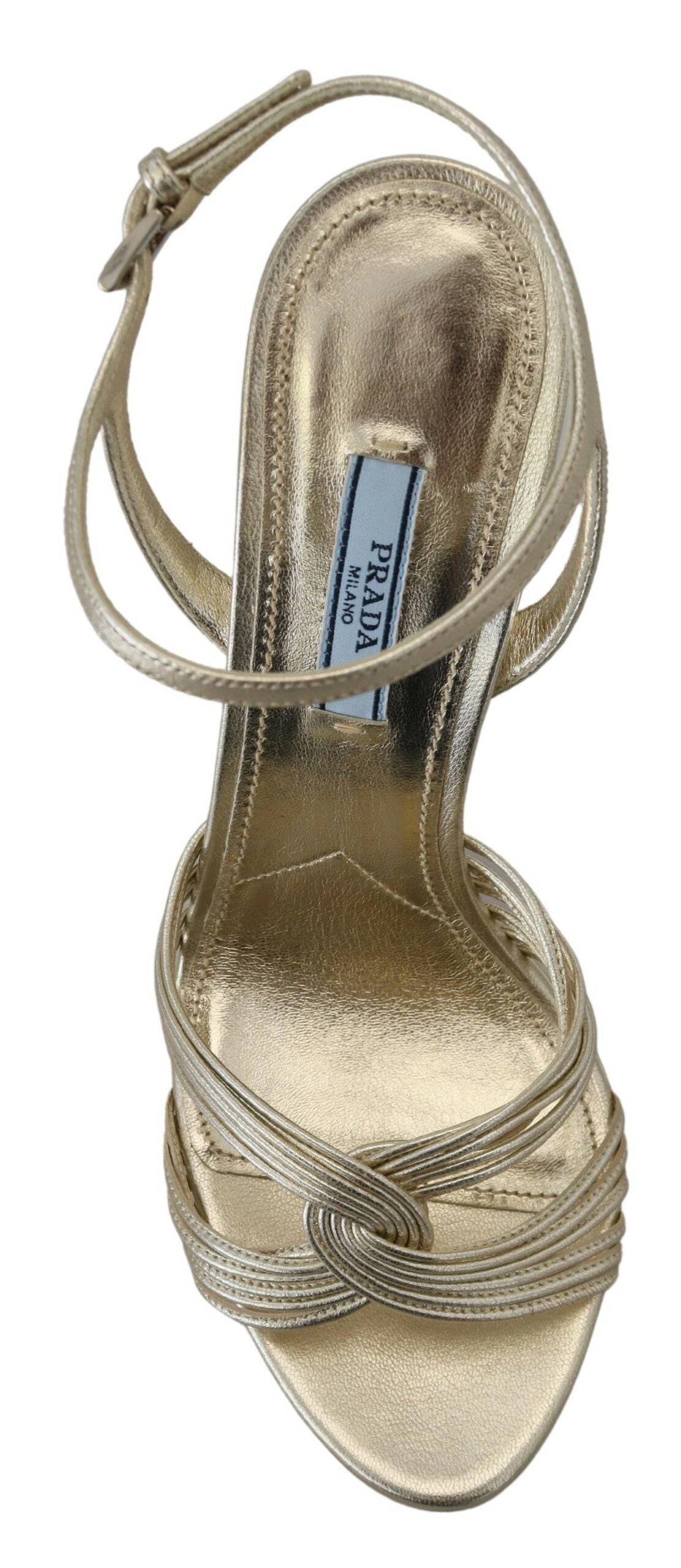 Златни кожени сандали Prada с каишка на глезена Сандал тип ток