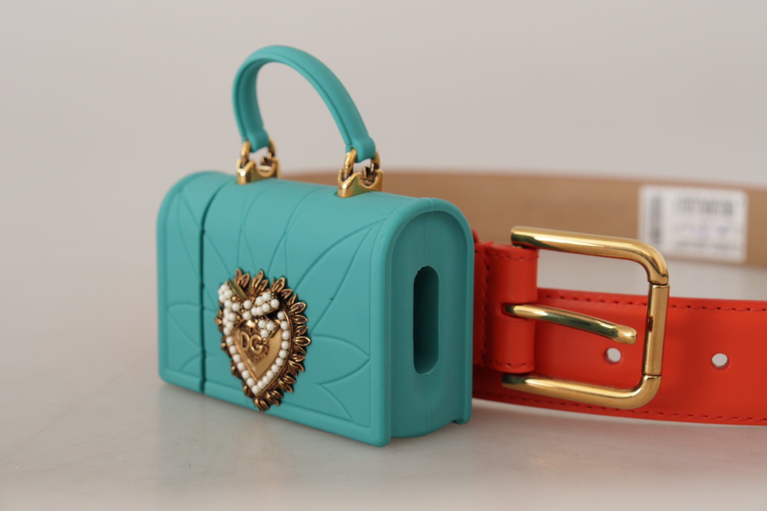 Dolce &amp; Gabbana Оранжева кожа Devotion Heart Микро чанта Колан за слушалки