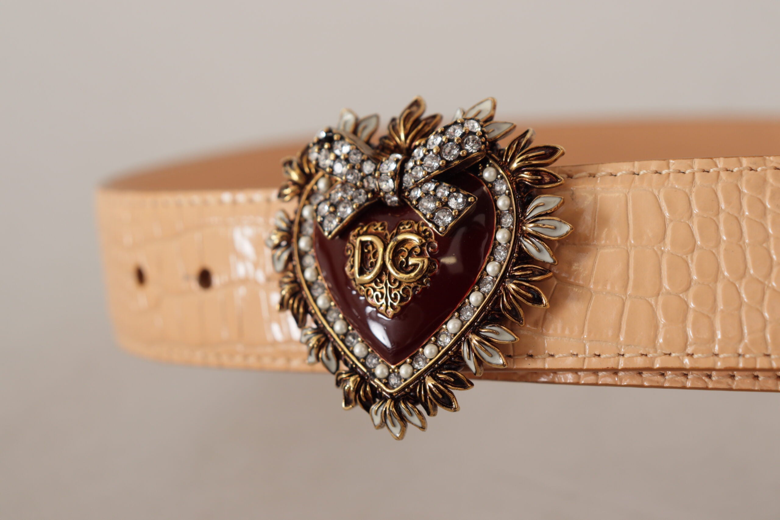 Dolce &amp; Gabbana Beige Croc Pattern DEVOTION Heart DG колан с катарама