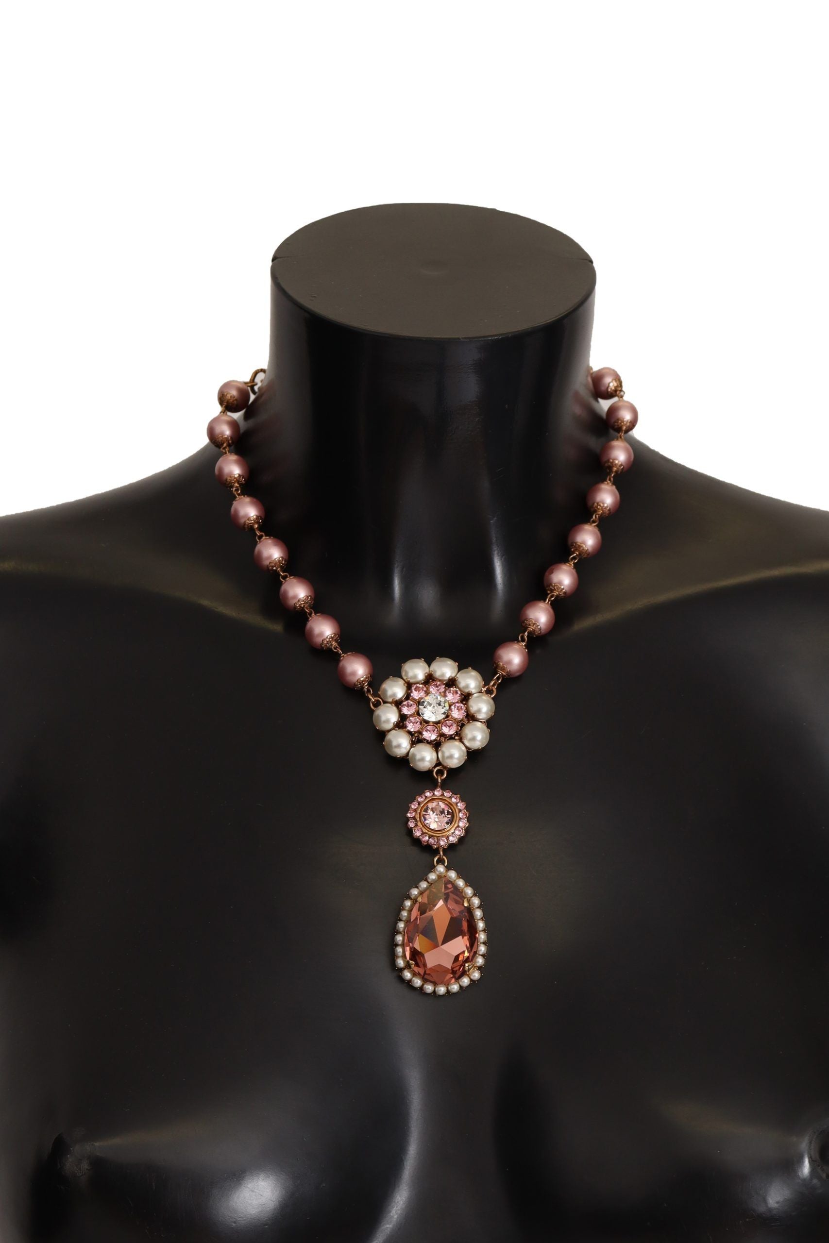 Колие с кристална висулка Dolce &amp; Gabbana, месинг, розови мъниста и перли