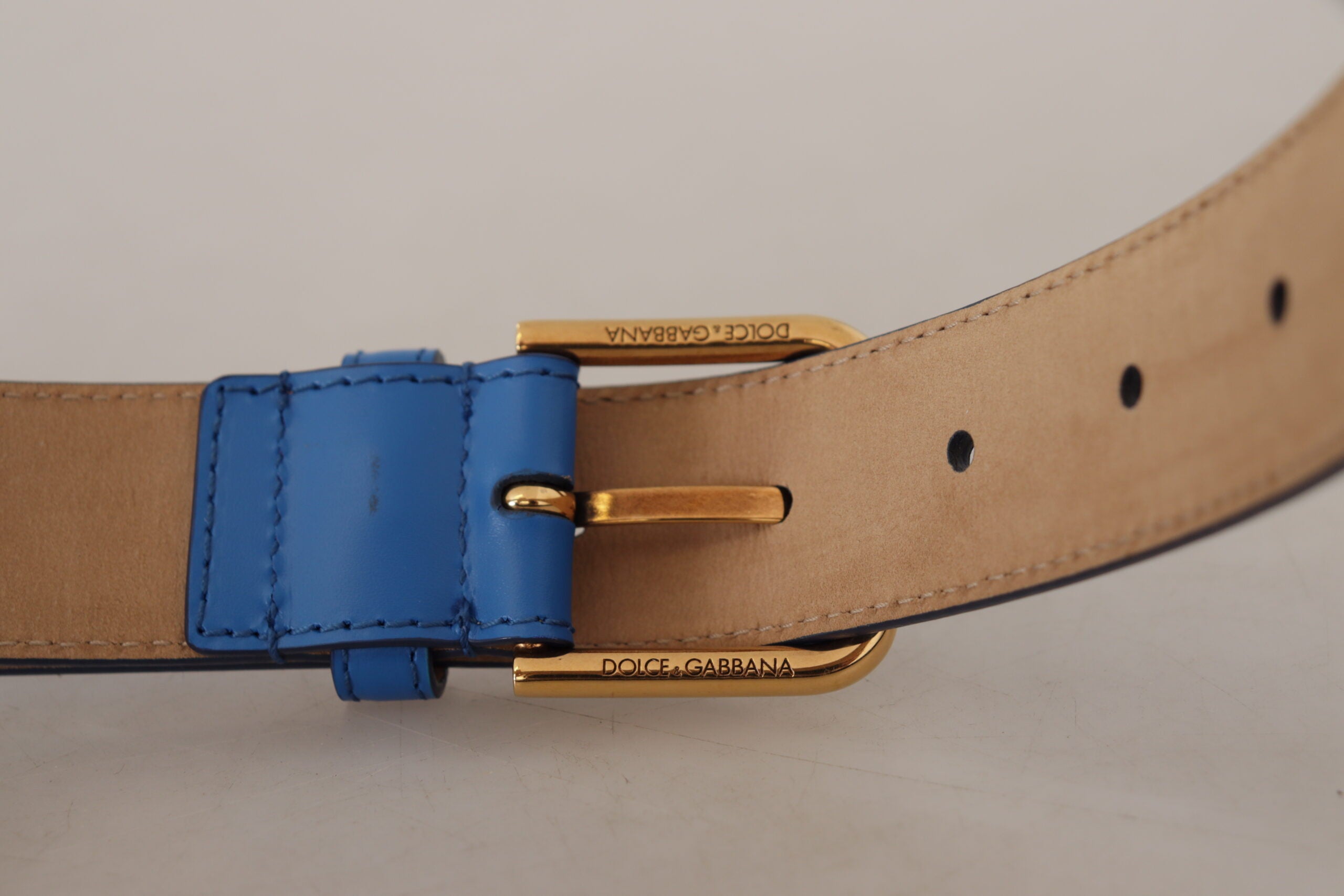 Dolce & Gabbana Elegant Blue Leather Belt with Engraved Buckle