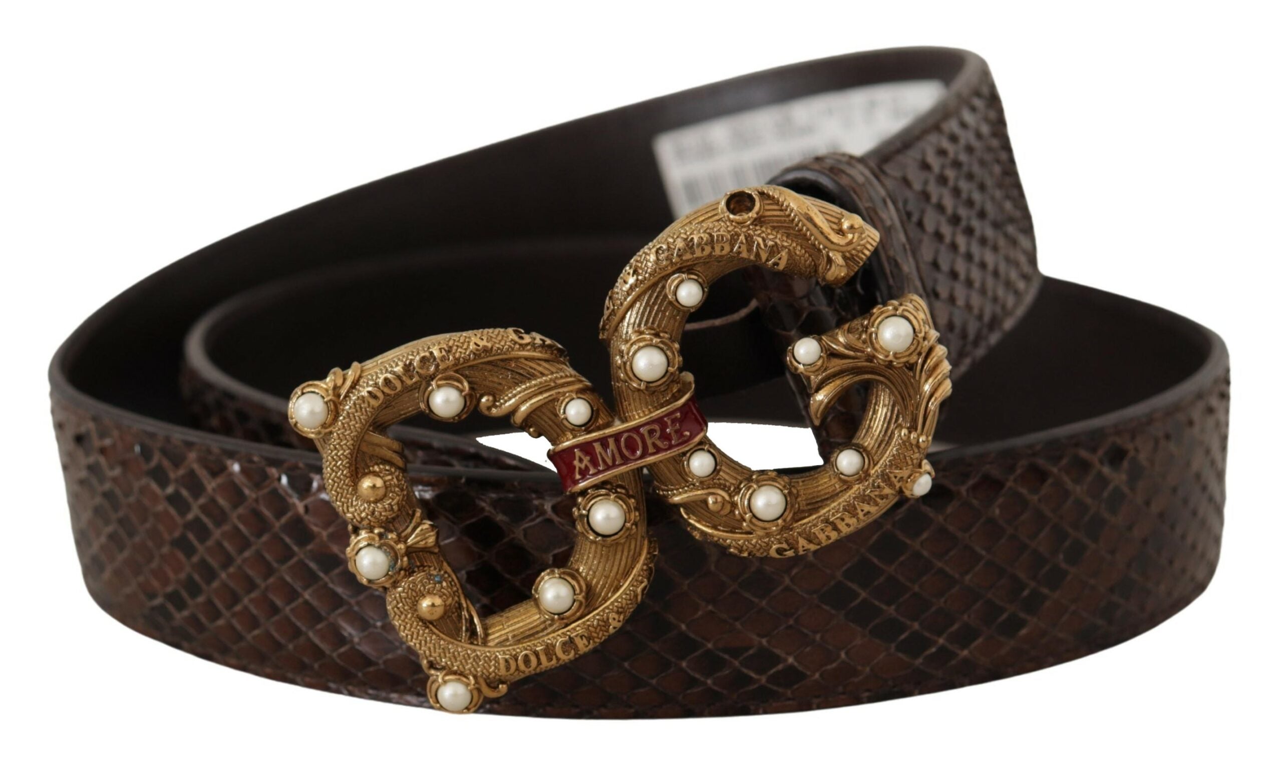 Dolce &amp; Gabbana Brown Amore Екзотичен кожен колан с катарама с лого и животински принт