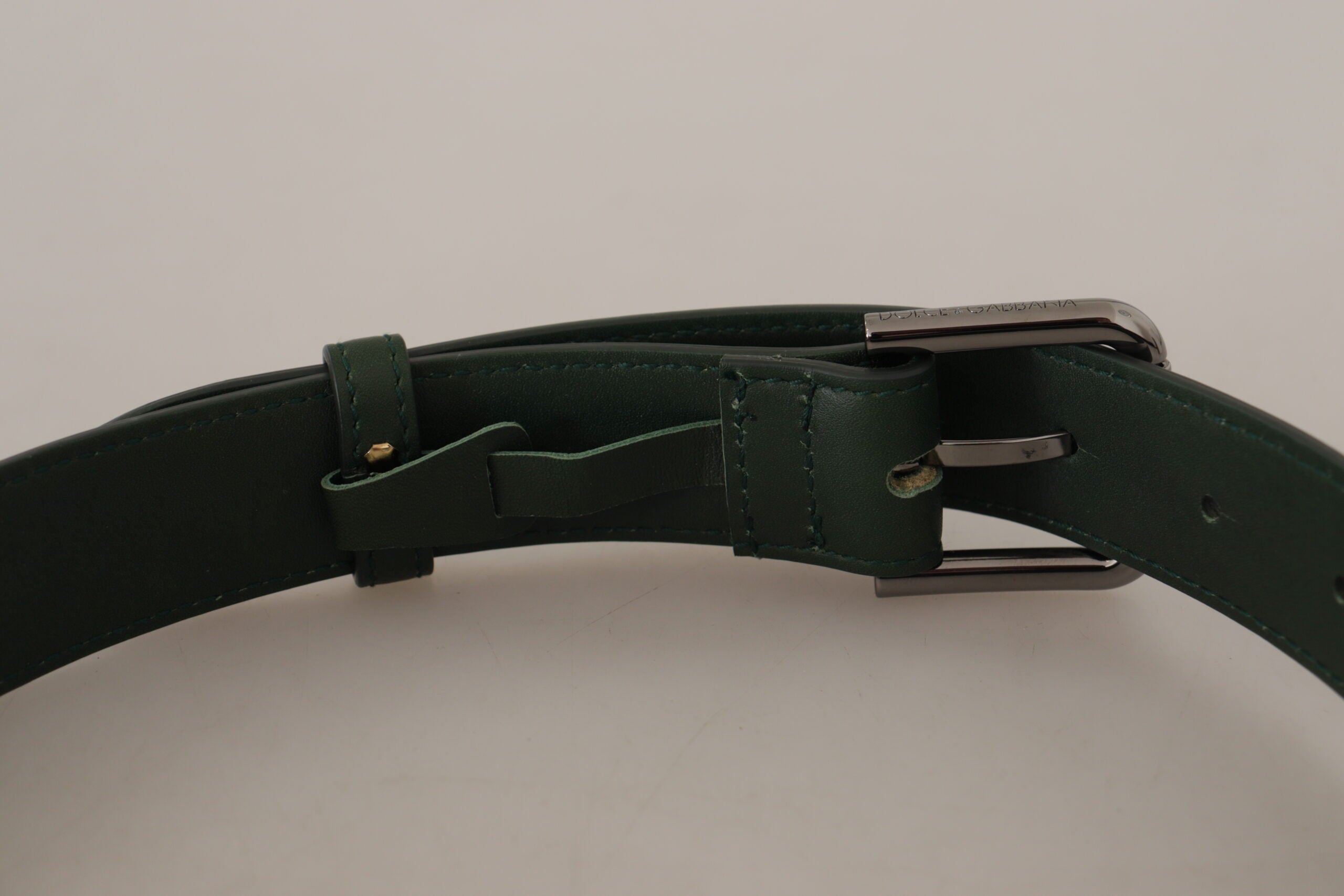 Dolce & Gabbana Elegant Dark Green Leather Belt with Logo Buckle