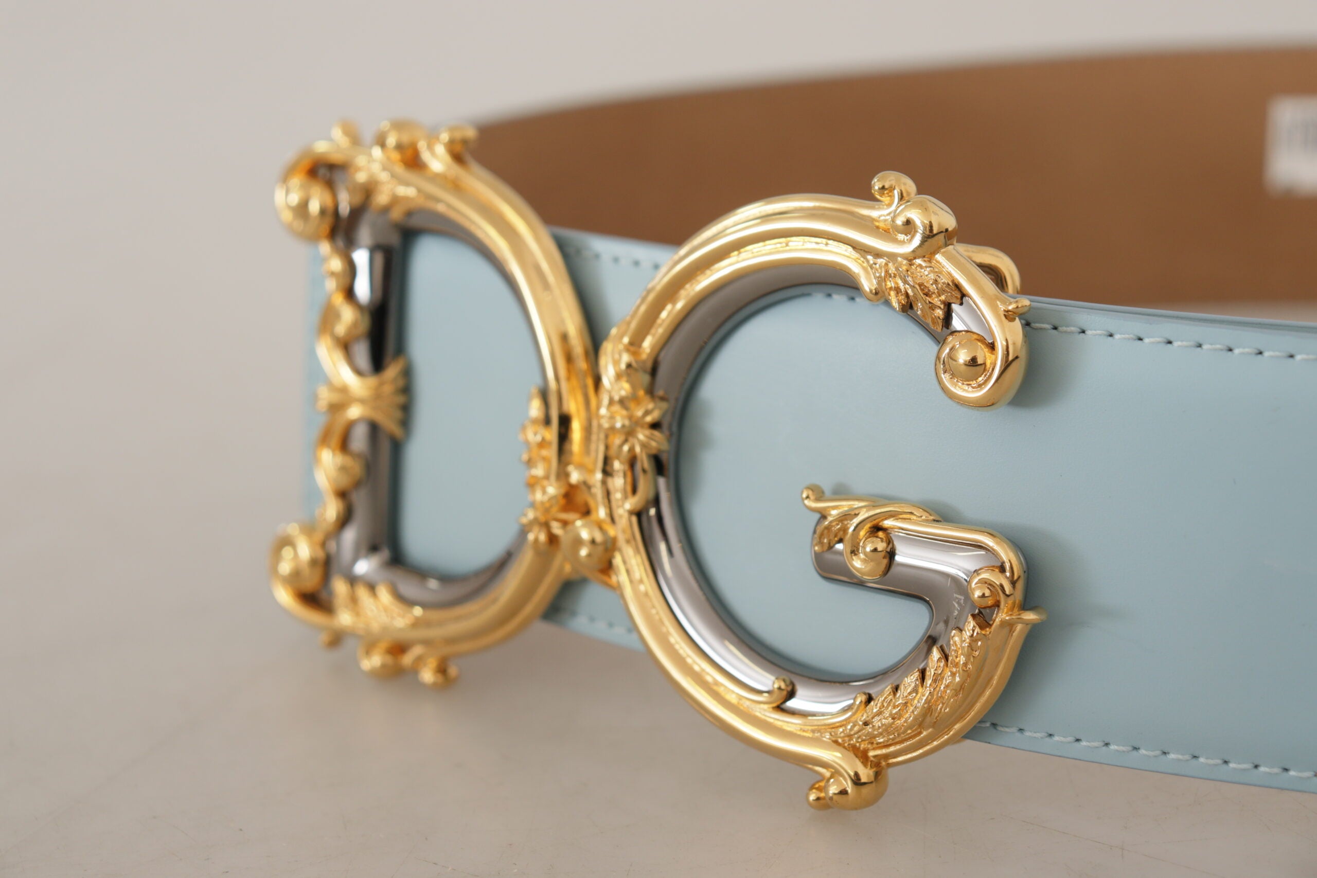 Dolce &amp; Gabbana син кожен колан с широка талия DG с бароково златисто катарами