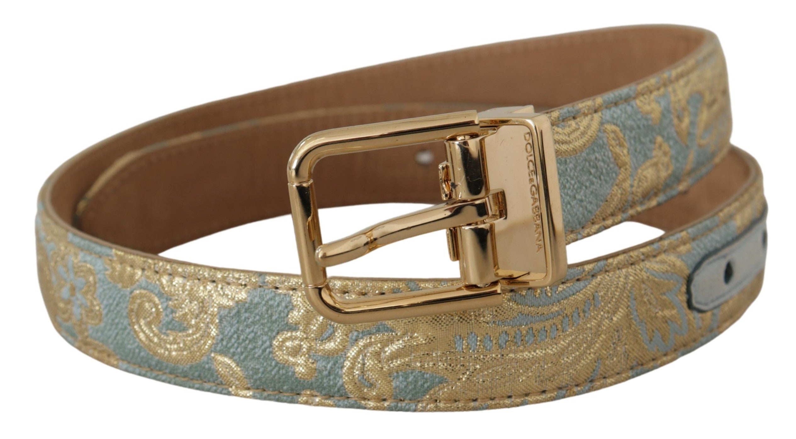 Dolce &amp; Gabbana Син кожен жакардов колан с релефна златна метална катарама