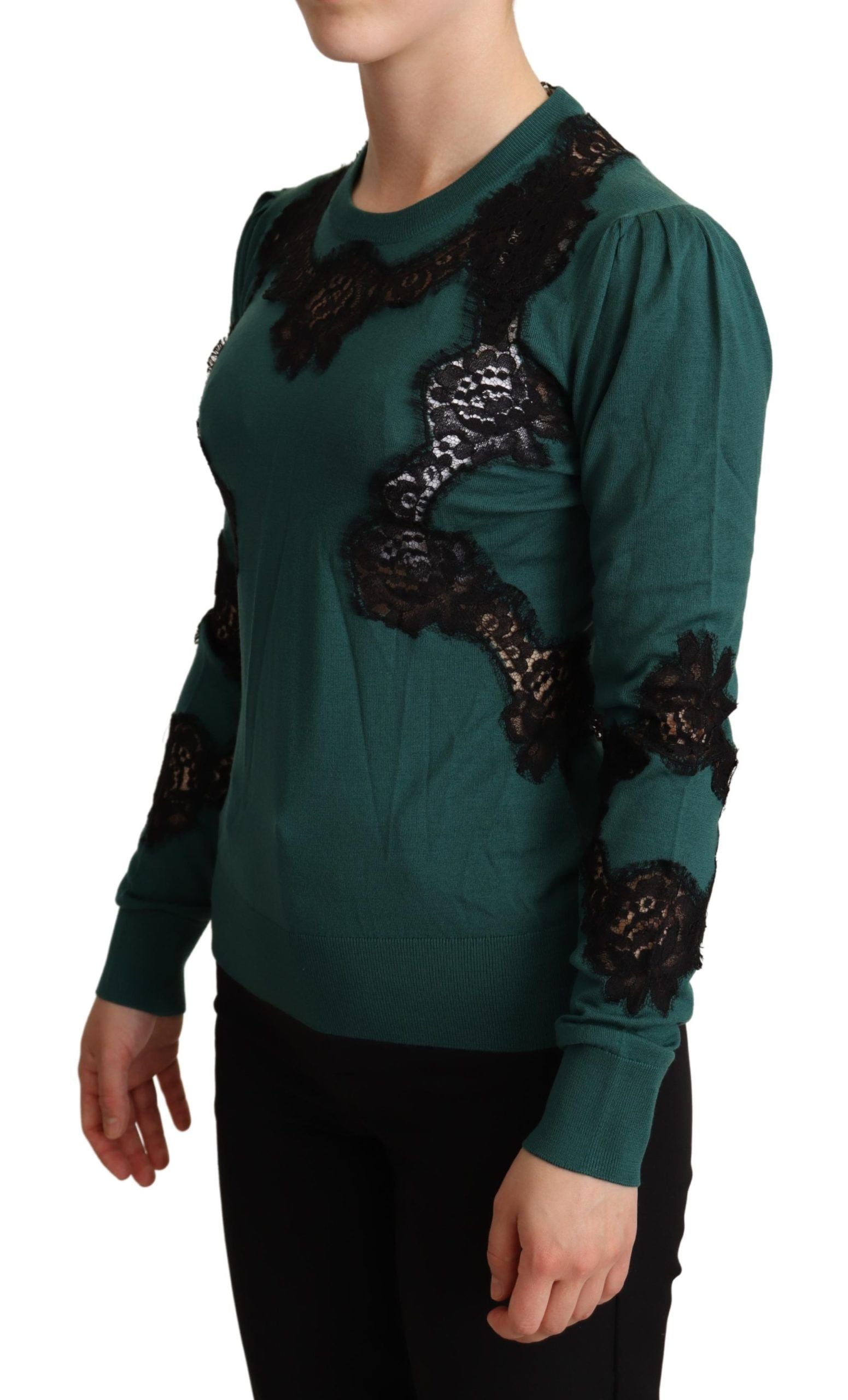 Dolce & Gabbana Elegant Green Pullover with Black Lace Detail